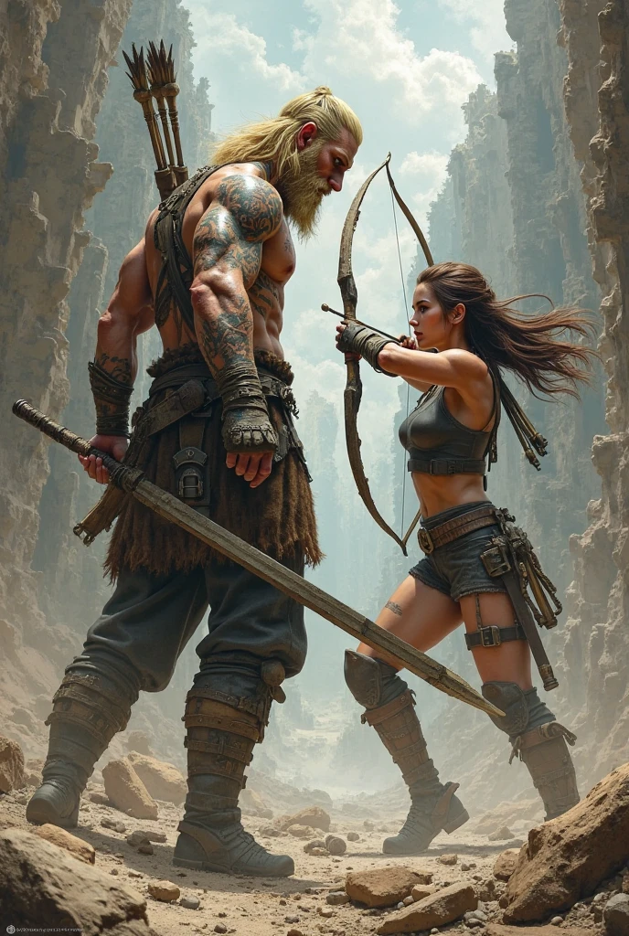 Helen Skelton, in Braveheart, close-up action shot from ground level, naked Celtic warrior with blue Celtic tattoos, woad, sweating, damp hair, on a bloody battlefield