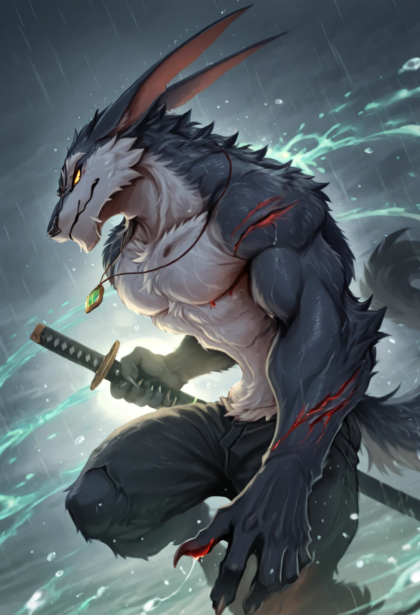 incredibly absurdres,wallpaper,tail,claws,moody lighting,lens flare,side view,looking at viewer,depth of field,detailed,
energy,profile,close-up,collarbone,weapon,(holding katana),dynamic pose,necklace,head tilt,expressionless,perspective,blood,facial scars,the wound was bleeding,gray sky,rain,fighting_pose,water magic,((water drops))((beautiful detailed water)),((floating)),dynamic angle,