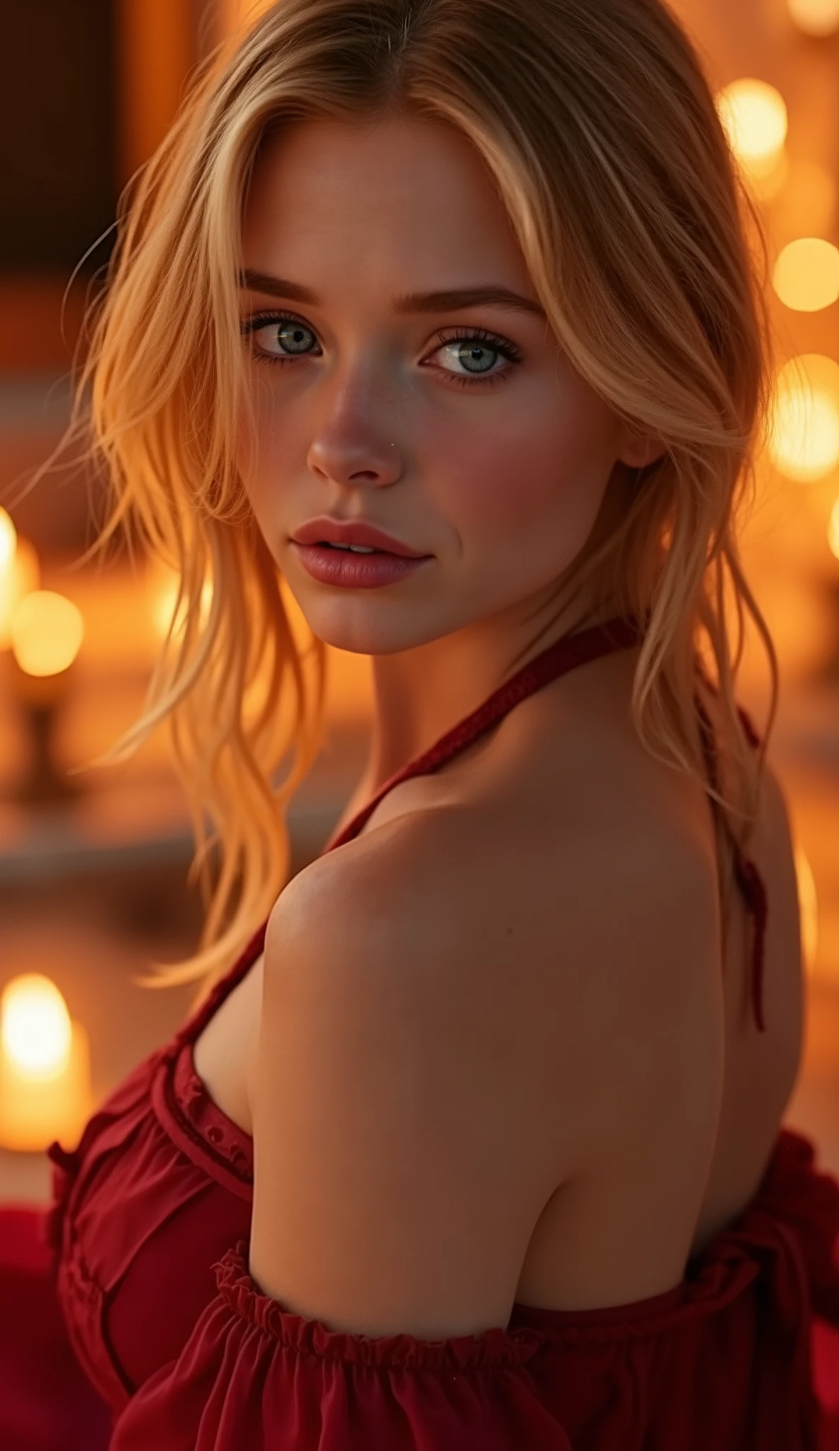 🌟 quality & silent: whole head down to below the chest, three sided view, masterpiece, 8k, ultra high resolution, hyperrealistic, very detailed, natural lighting, SLR lighting, SLR camera , Fujifilm XT3, film grain, Sharp concentration, perfect lighting. 🌌 Scene & background: different backgrounds: A romantic sunset on the beach, with warm, golden hues . A dark, mysterious forest with moonlight, that falls through the trees. A luxurious bedroom with candlelight and silky curtains. Ein urbaner background mit Neonlichtern und regennassen Straßen. 😈 model & Styling: wild young girl, Fiery red hair, different hairstyles such as expressive hair, which in various Poses fall loose or styled are, and bright blue eyes , glowing blue eyes, She is wearing a lightweight, silk corset with deep neckline. 🔥 Pose & Mood: Different poses ( direct , front, looking to the side ) and angle of view (from the side, from above, from below), Different sensual facial expressions: she looks directly at the camera , with a seductive smile and half-closed eyes. She opens her lips slightly, with a playful and tempting look. She tilts her head slightly to the side, with a dreamy and sensual expression. She looks over her shoulder, with a mysterious and intense look. Die Mood ist sinnlich, seductive and full of emotions. 💋