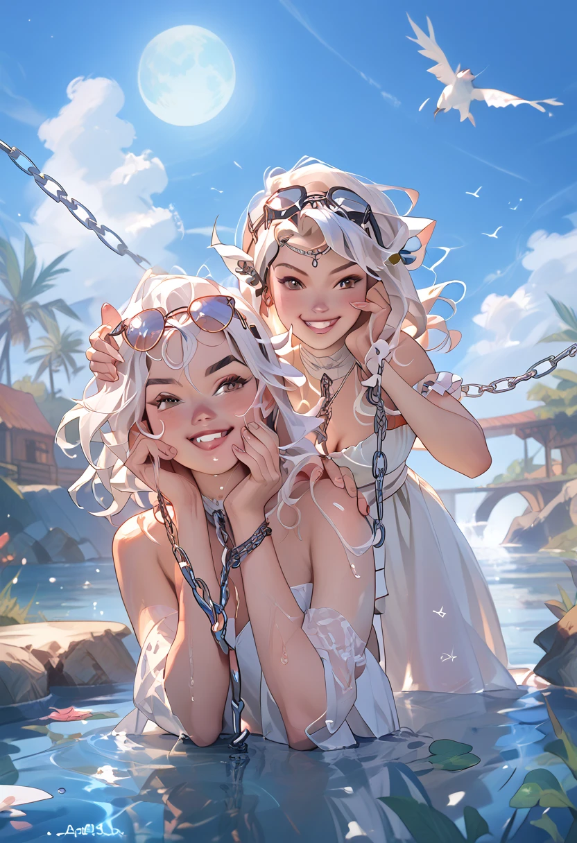There is a woman with blue eyes and long white hair in a hole, Loish e Wlop, WLOP : :, por Shitao, (character is covered in liquid chocolate:1.4), WLOP : : 5, Loish |, Arte WLOP, Arte do WLOP, WLOP |, water demon, por WLOP, Beeple e Jeremias Ketner