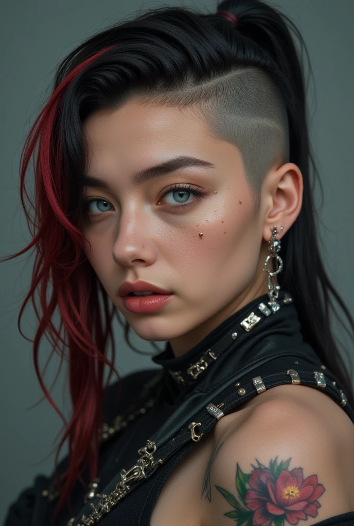 A girl,Dressed in punk style,Front view,The two eyes are different in color,hair red,There are lip studs,Solid black background,Upper Body