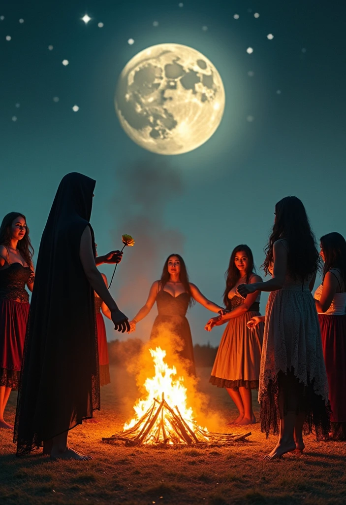 a woman taking a bowl of cocoa from a ritual with a bonfire going on in the background. Her heart expands with love and oxytocin, feature of love and intense joy, ecstasy for life. convey depth. In the sky a black full moon with a majestic golden lion inside it. in the background women in a circle around the bonfire