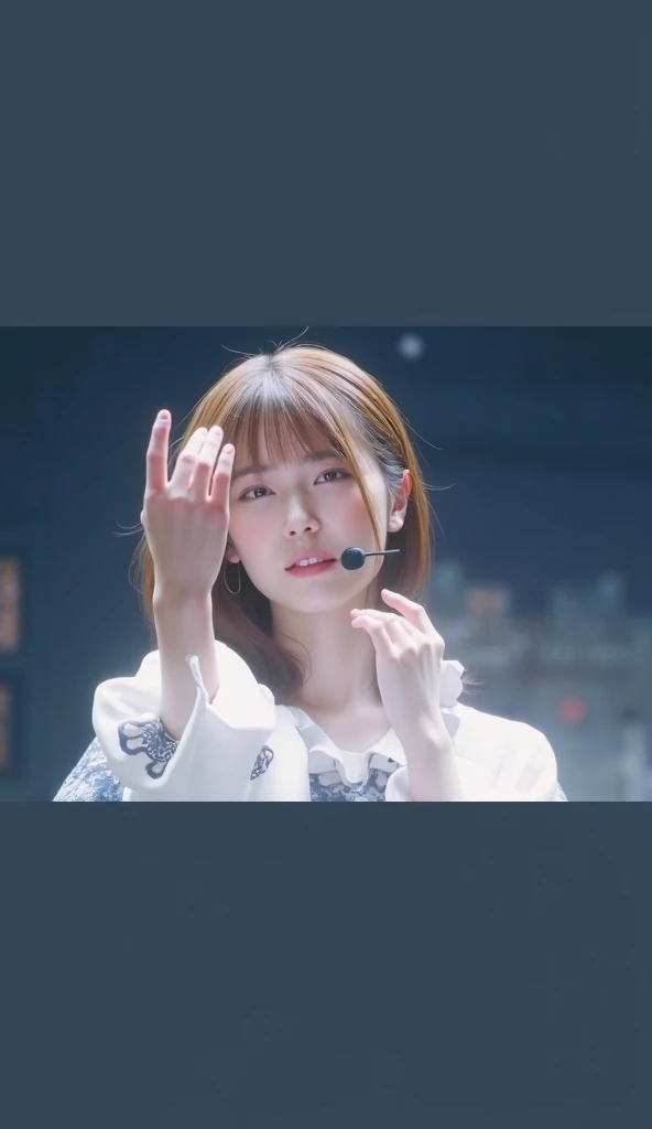 ((Best quality, 8k, Masterpiece :1.3)), Whole body, Sharp focus :1.2, A pretty woman with perfect figure :1.4, Slender abs :1.2, ((Dark brown hair, Big breasts :1.2)), body dress :1.1, (Night city view, Modern balcony :1.1), Highly detailed face and skin texture, Detailed eyes, Double eyelid, Small Bust, OL Uniform, Office Wear, white T-shirt, exposed cleavage, (Black Pantyhose), (No Panties), Interior Scene, Office