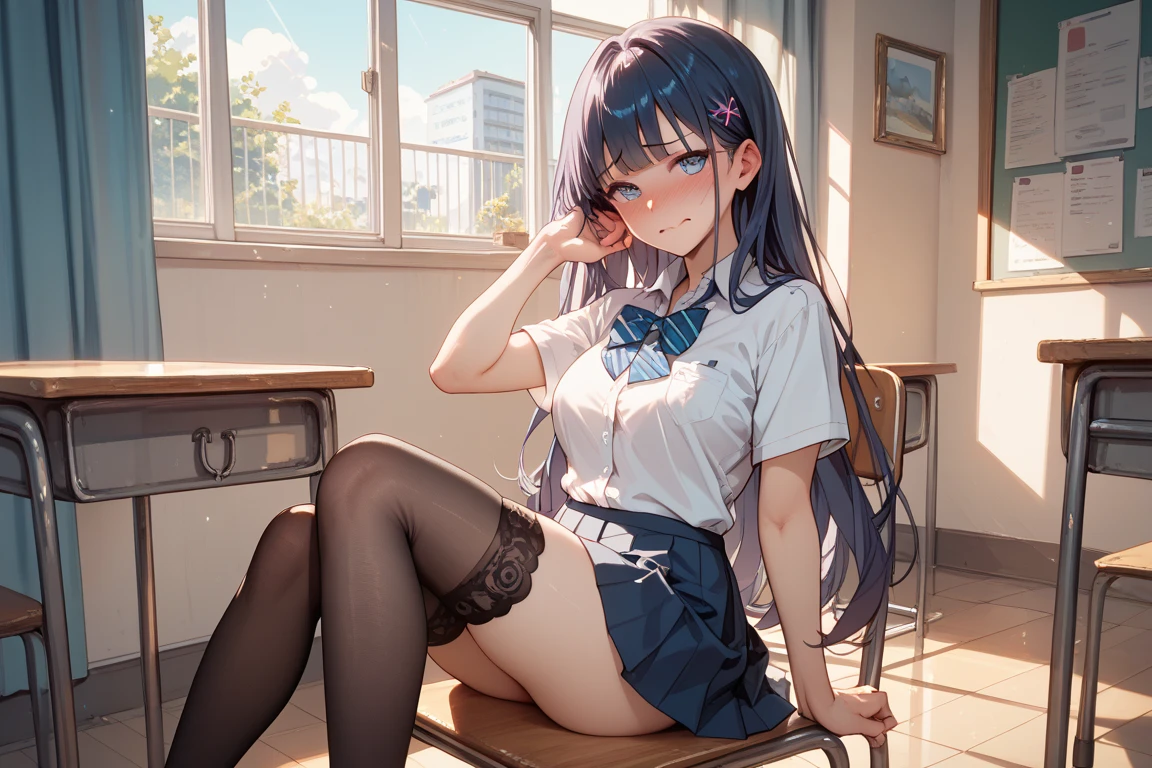(nsfw:1.3) , anime girl with purple hair and white shirt and tie, cute girl anime visual, portrait anime girl, cute anime girl portrait, beautiful anime girl, beautiful anime portrait, anime style 4k, 4k anime wallpaper, (anime girl), anime wallpaper 4k, anime girl with long hair, anime wallpaper 4k, anime art wallpaper 4k,Daily life, sitting in the seat across from you, sitting shallowly, sleeping habits, spreading your legs a little, skirt lift by myself, cute panties,
