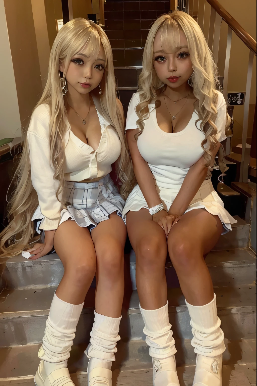 two woman standing next to each other(wearingOffice secretary clothes,Very large breasts, their hair become blonde hair, their face become beautiful american Karen face:1.2)