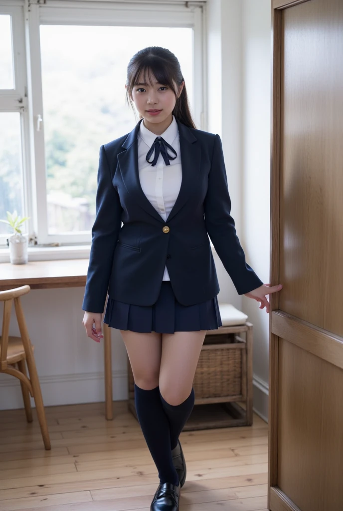 (4k, highres, masterpiece:1.2), ultra-detailed, (realistic:1.37), professional, portrait, Arabian, model, hijab, photo studio, romantic background, beauty, body, sexy, dress, uniform, cosplay, student, plaid mini skirt, white panties, sensual pose, open legs, smile, vivid colors, Bokeh, soft lighting