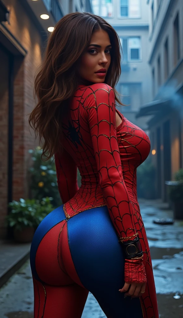 woman wearing a spider-man cosplay, view from back , perfect ass, beautiful ass, roof top, top of a building, medium-high brest ,full body picture, photo de tout le coprs, haut déchire, bas déchiré, vêtement dégradé , vêtement déchiré, combinaison déchirée, jupe spiderman déchirée, skin texture, in a roof tot, new york, on a roof top ,a striking 22-year-old American model with light brown hair, skin texture mouth, skin texture lips , medium-high brest, wavy hair, 172 height, full body photo, mix face veronika bielik, danusia draghici does, cute faces, russian girlfriend, blonde and attractive features, attractive girl, looks into the camera, symmetrical eyes, symmetrical face, photorealistic, photography, path tracing, specular lighting, volumetric.. looks into the camera, symmetrical eyes, symmetrical face, photorealistic, photography, path tracing, specular lighting, volumetric , full body picture, full body shoot, perfect hands, position accroupie ,Crouch、Marvel Comics Movie Affiche, beautiful, films sur Spiderman, sexly, tout le corps, porte une jupe, jupe déchirée, premiere date, affiche, Belly Button, New York, she wears a torn Spiderman costume, the suit is torn, porter une jupe, red and black color scheme, vibrant, head of artwork、la plus haute qualité、super detailed、very detailed、Beautiful detailed shine、Une haute résolution、cinematic, tear, teardrop,(Torn clothes:1.5), (wet clothes:1.4), bare shoulders, real rain, wet hair, Belly Button, Exposer la peau, beautiful ass, perfect ass, posing horny, horny looking