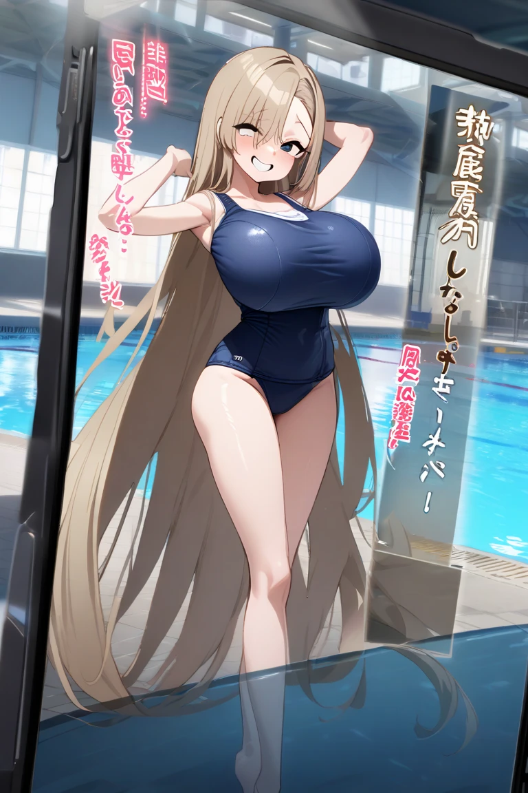 (Best quality:1.3), asuna, long hair, large round breasts, one-piece swimsuit, crotch, standing, restroom, (pov), (blushing:1.2), smiling