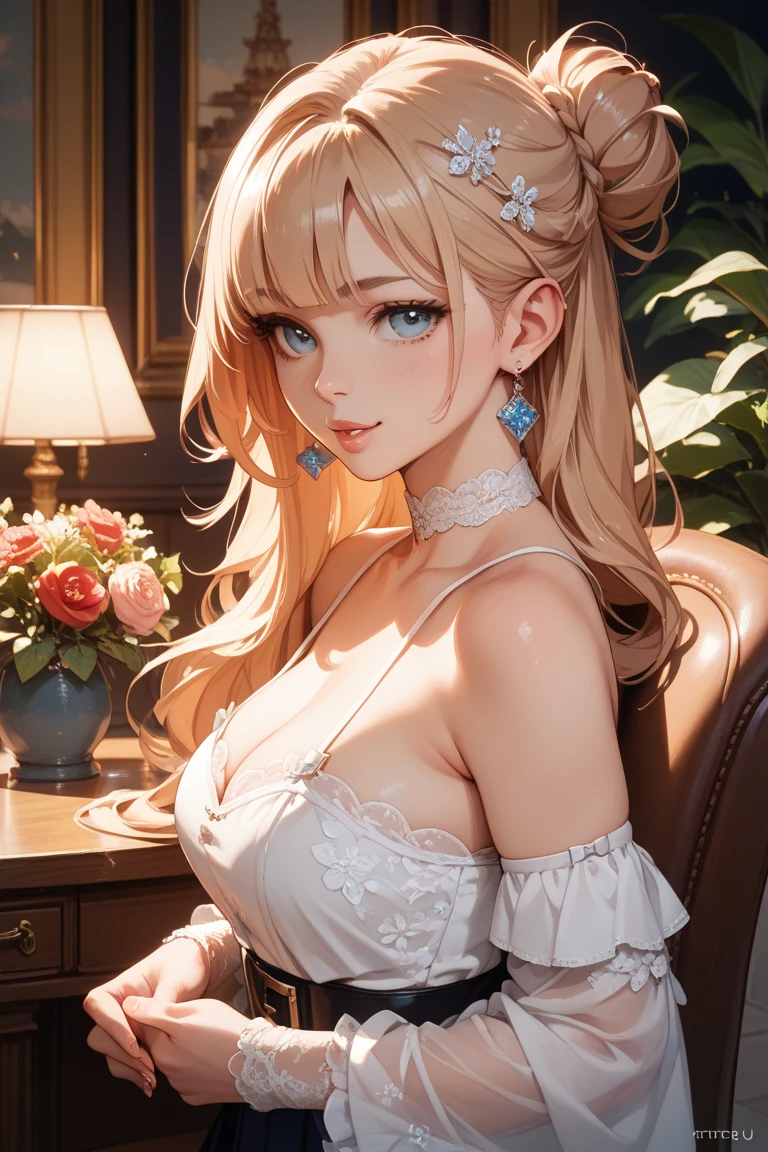 (from below:1.2),(from side:0.9), ((Face)), (Close-Up:0.4), (A masterpiece of image quality in 8K),(Beautiful Allafed Woman),(((emphasizing breasts:1.3))),(Dynamic angles),(Dynamic and sexy bending pose:1.3),(sit a chair:1.3),(Short hair in shiny silver and orange inner colors,large full breasts,Disturbance of clothing due to movement,breast slip,(Ponytail twisted buns adorned with elaborate braids and beads,Braided Setup Fishbone Hair:1.2),(see-through bangs),small breasts,(((A brown lace apron that shows your bare skin from under your small breasts.......)))、Blush with embarrassment、Enraptured eyes、 open mouth,A smile that beguiles the viewer、(Look back:1.7)、Look into the photographer,skin glistening with sweat,gazing at viewer,,(Professional Lighting),(masutepiece,top-quality,Ultra-high resolution output image,),(Ultra HD with complex detail image modes),depth of fields,Beautiful hands,Beautiful fingers,Detailed finger features,(Detailed hair features:1.7),detailed facial features,detailed clothes features,
