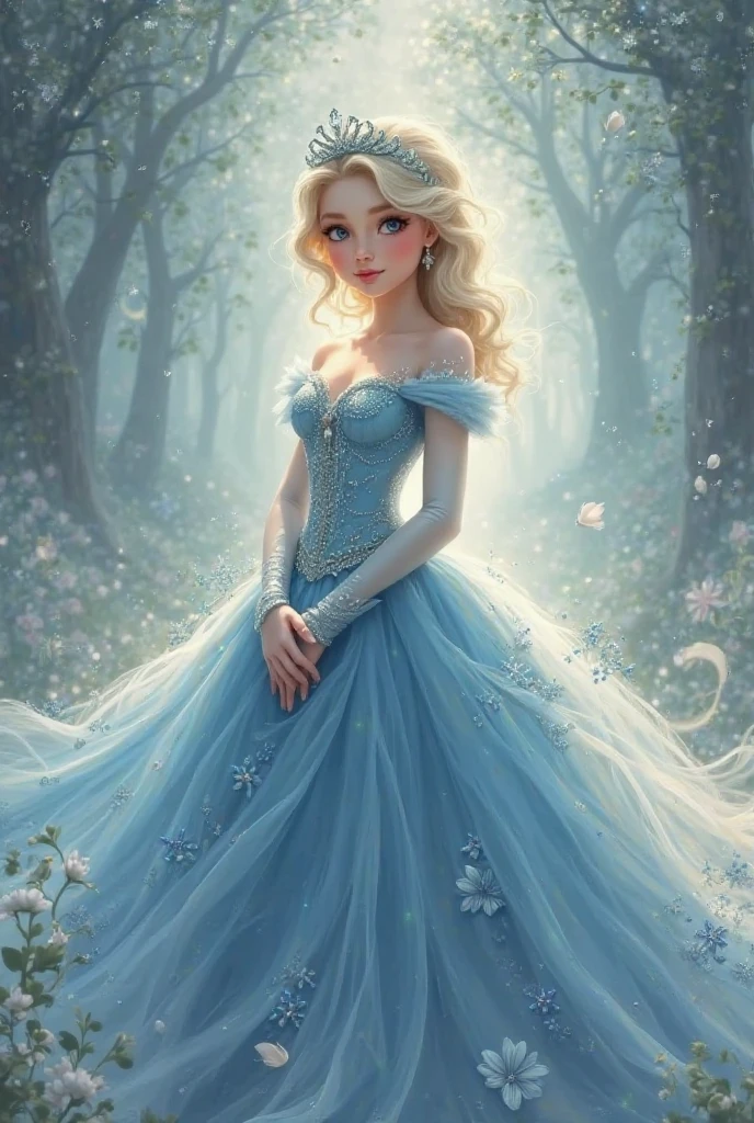 Pretty princess,white hair,blue eyes ,and a beautiful extravagant blue dress in manwha style