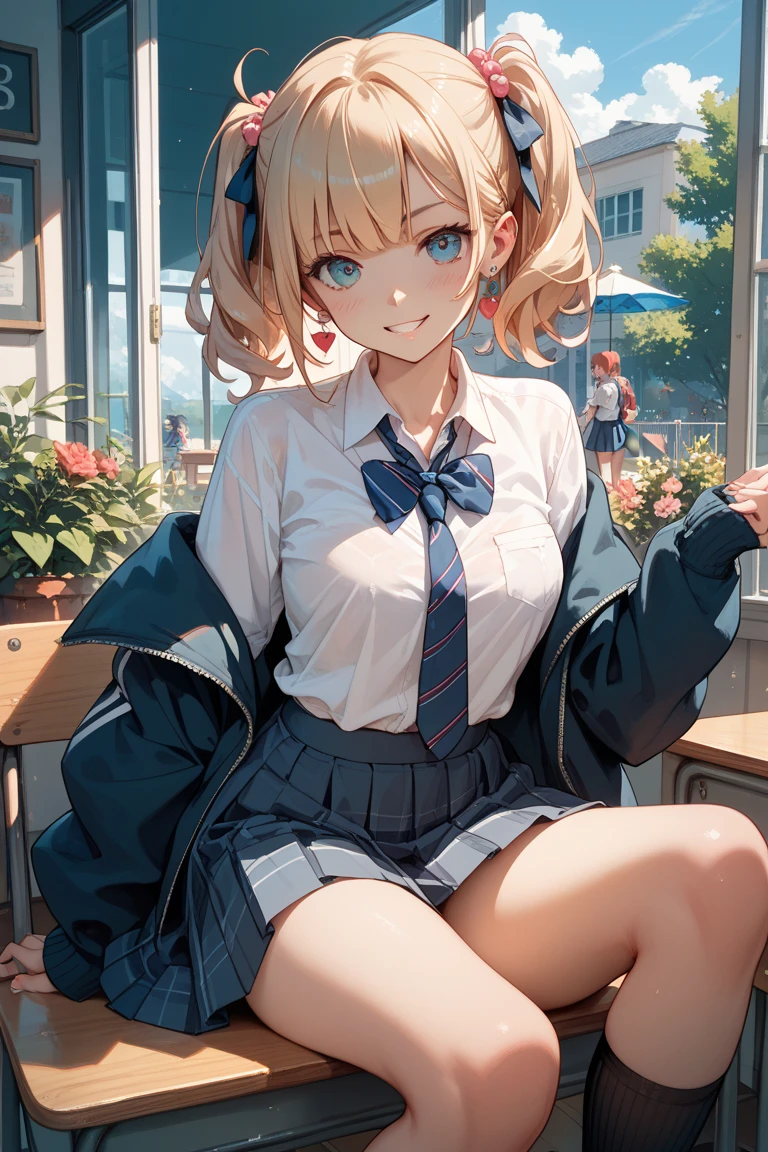 masterpiece, (best quality, ultra-detailed:1.6), (ultra high res:1.5),super fine (anime),(sharp focus), (insanely detailed:1.3),(detailed face),(perfect anatomy), delicate (cel animation),
from front view, 1 anime cute girl,(cute face:1.1),sexy body, sexy big breasts, blonde ponytail hair,pretty smile,(Spring, flower blooming, school ground scape:1.3),in high school,no holding,outdoor,beautiful (highschool long sleeve uniform),ribon tie,white thighhigh, medium shot,close-up,sitting