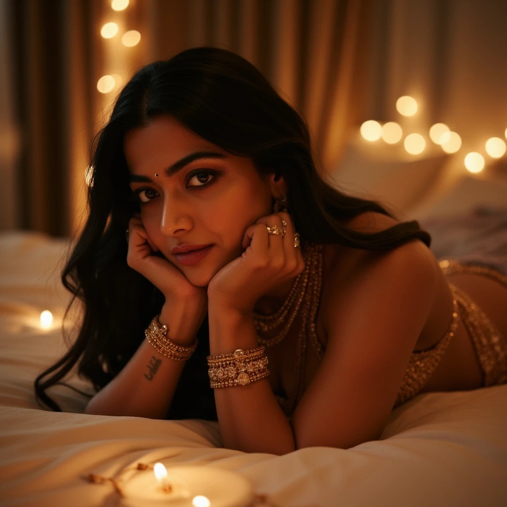night scene, sea view, night time, Indian woman laying on a satin bed sheet wearing a satin bridal full length nighty with lace border, , bed is decorated with rose petals and golden satin bed sheet, hourglass figure, deep cleavage, romancing each other in a ship deck in sea, showing armpits, red lips, necklace, sultry, look at viewer and smile, (cinematic:1.3), intricate details, (ArtStation:1.2)