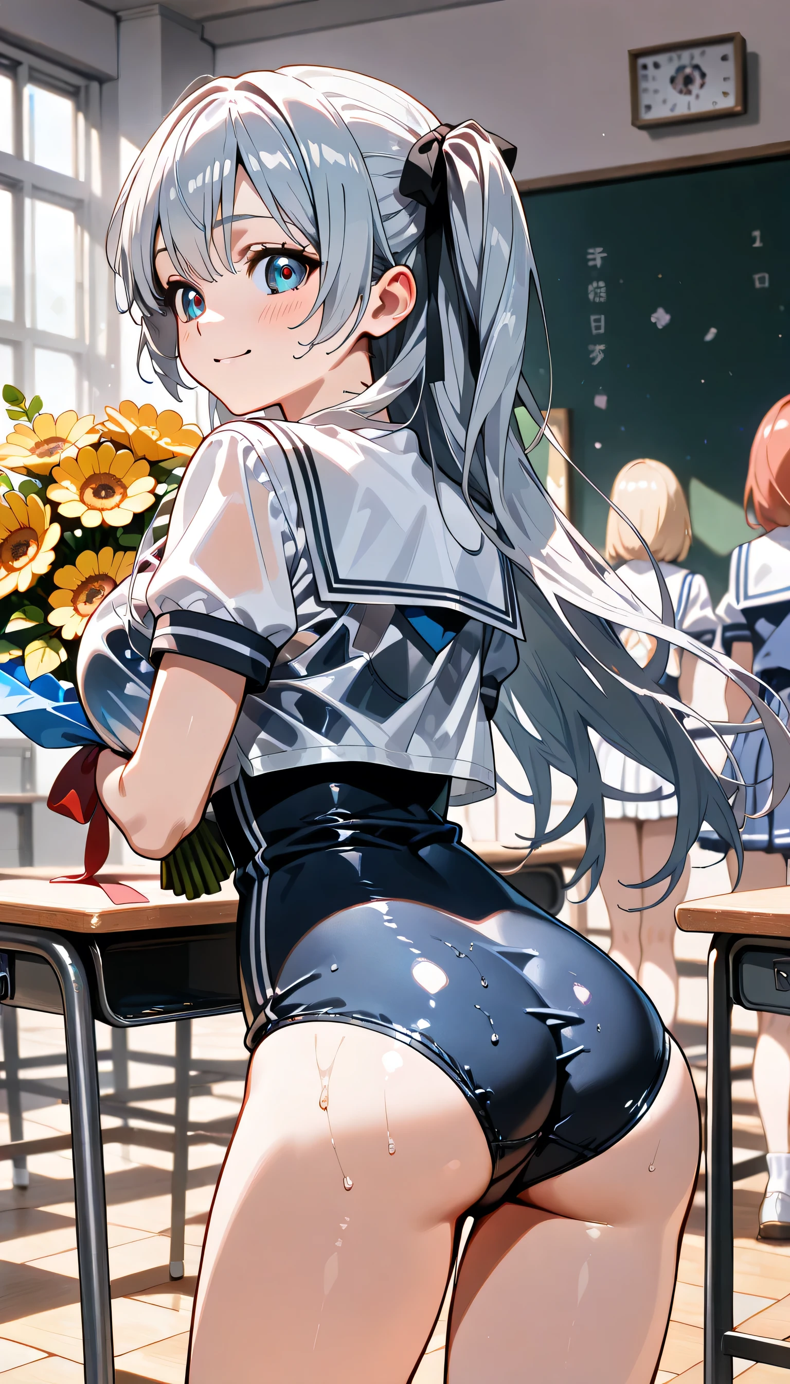 ((ultra-detailed)), (highly detailed CG illustration), (best quality:1.2), ultra-highly detailed, colorful composition, ((peeping photo)), 1 girl, solo focus, ((thigh to top:1.4)), ((cowboy shot:1.4)), moe anime character, age girl, dainty facial structure, (baby face), (round face), ((rounded chin:1.2)), ((ideal ratio body proportions)), celia-default, celia claire, ((blue eyes)), sparkle eyes, silver hair color, two side up, (hair ribbon with red), ample breasts, ((white sailor school uniform:1.4)), (red tie), ((school swimsuit underneath see-through the top of the clothes:1.4)), ((wet clothes)), ((wet body:1.4)), ((smile:1.4)), ((happy:1.4)), ((joyful:1.4)), ((blush:1.3)), ((turn around:1.4)), ((changing clothes)), ((holding a colorful biggest bouquet:1.4)), ((standing in a school classroom)), ((there are only girls in the classroom)), ((from behind:1.4)), ((back shot:1.4)), best quality, masterpiece, expecting, pink cheek, blush, light pink gloss slip, portrait, depth of field, soft lighting, sidelighting, (shine), lighting, caustics, ray tracing, smile, perfect face, lustrous skin, highly detailed face, highly detailed eyes, perfect face, perfect nose, perfect hair, perfect eyes, perfect anatomy, beautiful hair, beautiful small face, extremely detailed face, beautiful detailed eyes, beautiful clavicle, beautiful body, beautiful huge breasts, leavage, breasts squeezed together, equalize the size of the left and right breasts, beautiful thin thighs, beautiful legs, beautiful fingers, 4 fingers, 1 thumb, lovely, (very detailed background:1.0), (highly detailed background:1.0), summer aesthetic, intricate details, Secretly filmed atmosphere, summer colors palette, chromatic aberration