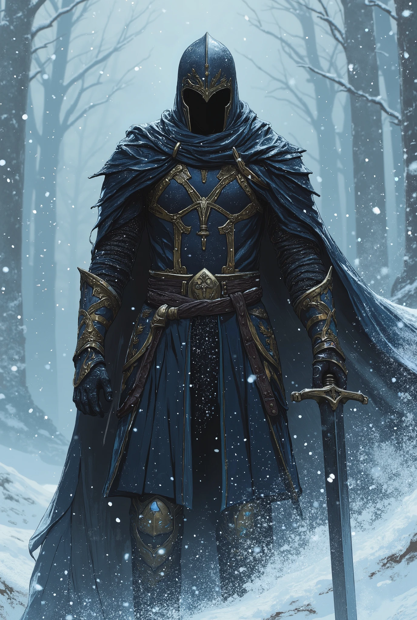 Sexy thin muscular knight with big crotch bulge in the cold snow storm, muscular knight in the cold snow. . Sexy knight male. Knght with a big dark sword. Hairless handsome man fighting in the snow. Knight with shiny tattoos in his arms and a roman's helmet. Sexy slim golden underwear. Knight with golden armor. wear jet black wizard outfit