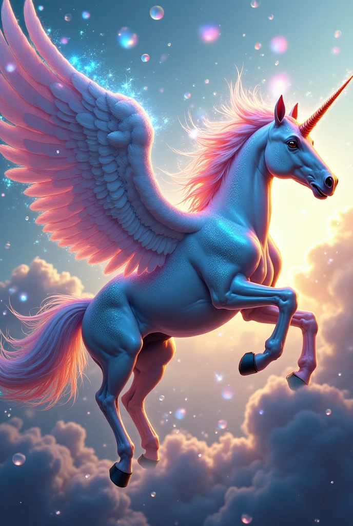 Put a very colorful flying unicorn, on a very colorful sea with very colorful dolphins in and out of the sea, Add a mermaid with rainbow hair and also unicorn hair and the whole background very colorful and with sparkles