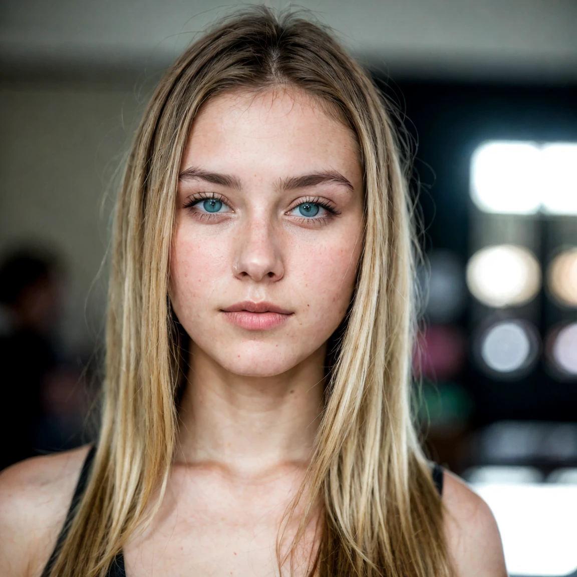 25 years old girl, beautiful and cute, Blonde hair and blue eyes, wearing a black t-shirt