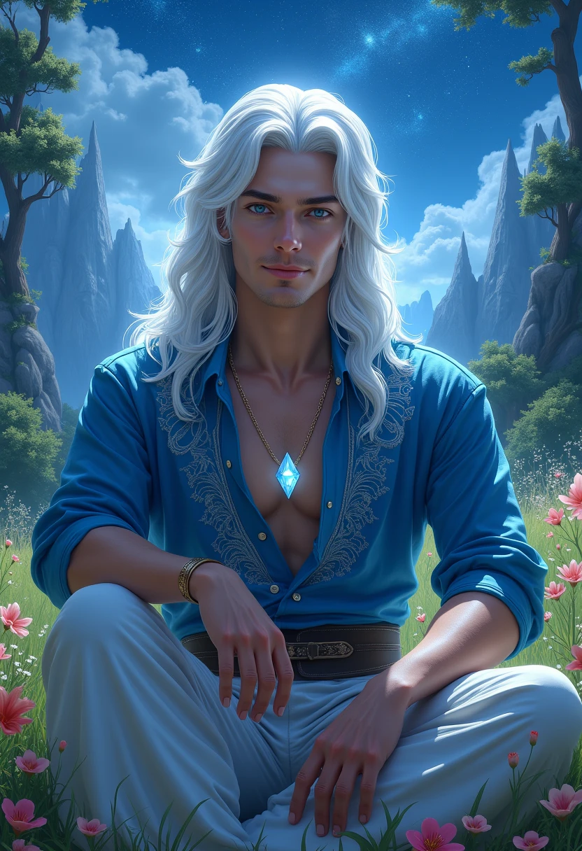 Prince man with purple eyes and gray hair (aesthetic) , that the prince is very attractive (beautiful, handsome in face and body), and that he is in wonderland