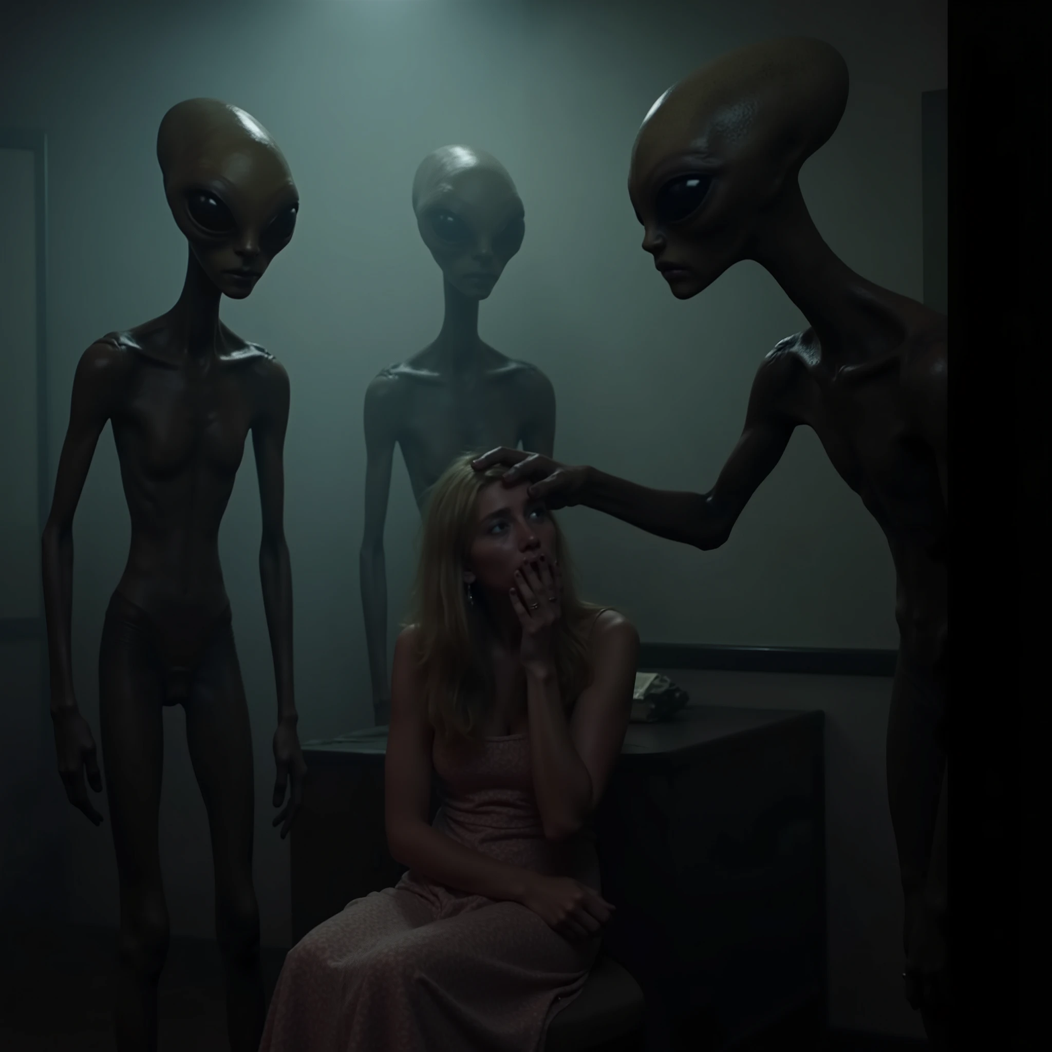 A dimly lit room with three tall, slender, elongated humanoid figures, presumably aliens, standing around a seated adult female human subject. The aliens have large, dark eyes and an elongated head. The seated person appears to be in a state of distress or deep thought. One of the aliens has his hand on the person's head as if sucking the energy from the person's mind. The room has a foggy atmosphere, and the aliens appear to be interacting with or observing the seated individual.
