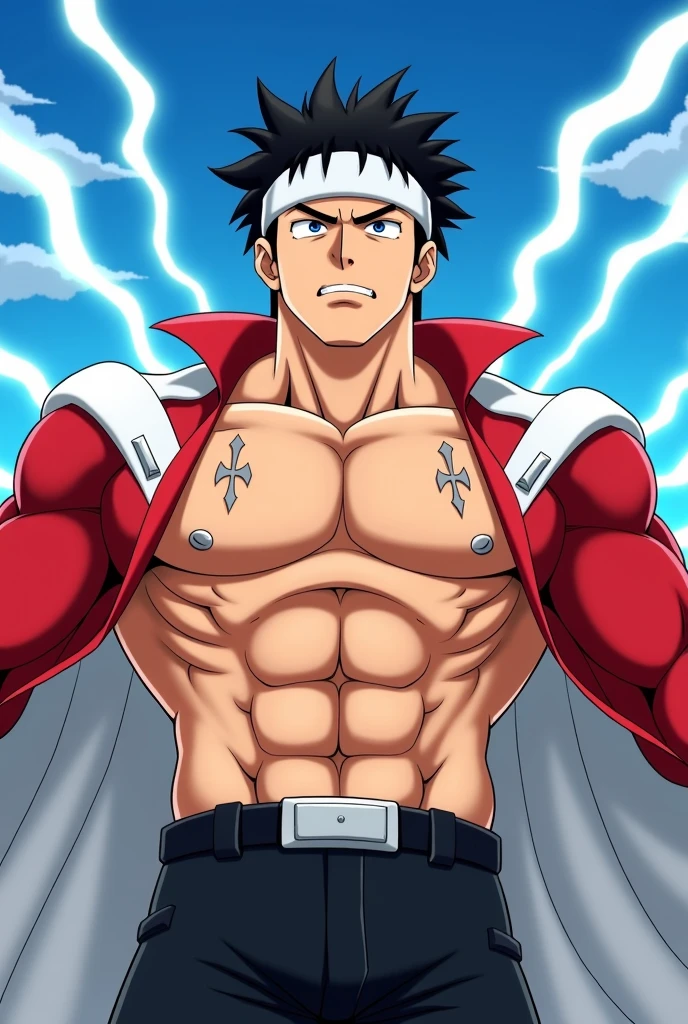 Roy Mustang from Full Metal Alchemist, bodybuilder, shirtless, wearing open jacket, smug smile, focused from below the chest