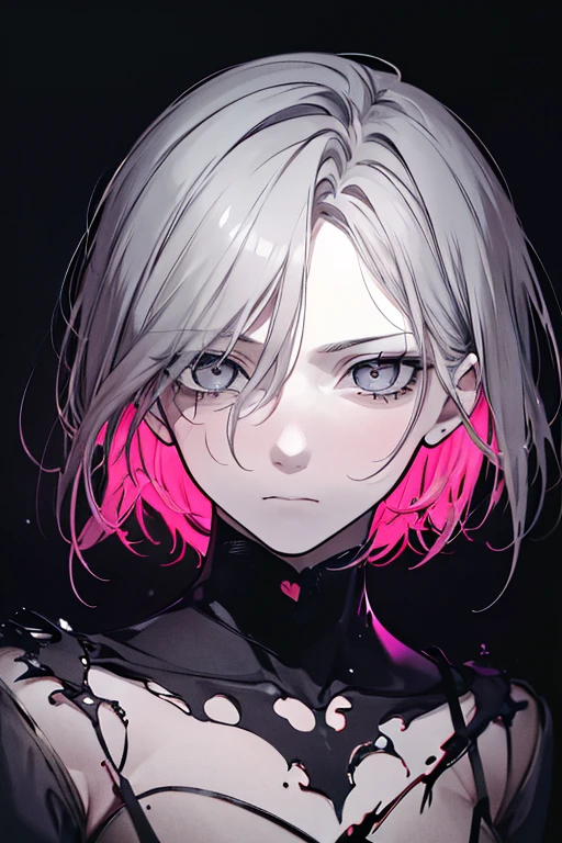 (masterpiece)、(absurdres)、(ultra detailed)、(8k),(solo girl),(white hair),shortcut hair,(shiny pink eyes),(middle breast:0.9),black suit,black skirt,BREAK,(yellow hairpin:0.9),BREAK,smoke:1.4,Putting a cigarette in your mouth:1.1,Serious,Close-up shot:1.2,simple darkness background,in the darkness:1.2,