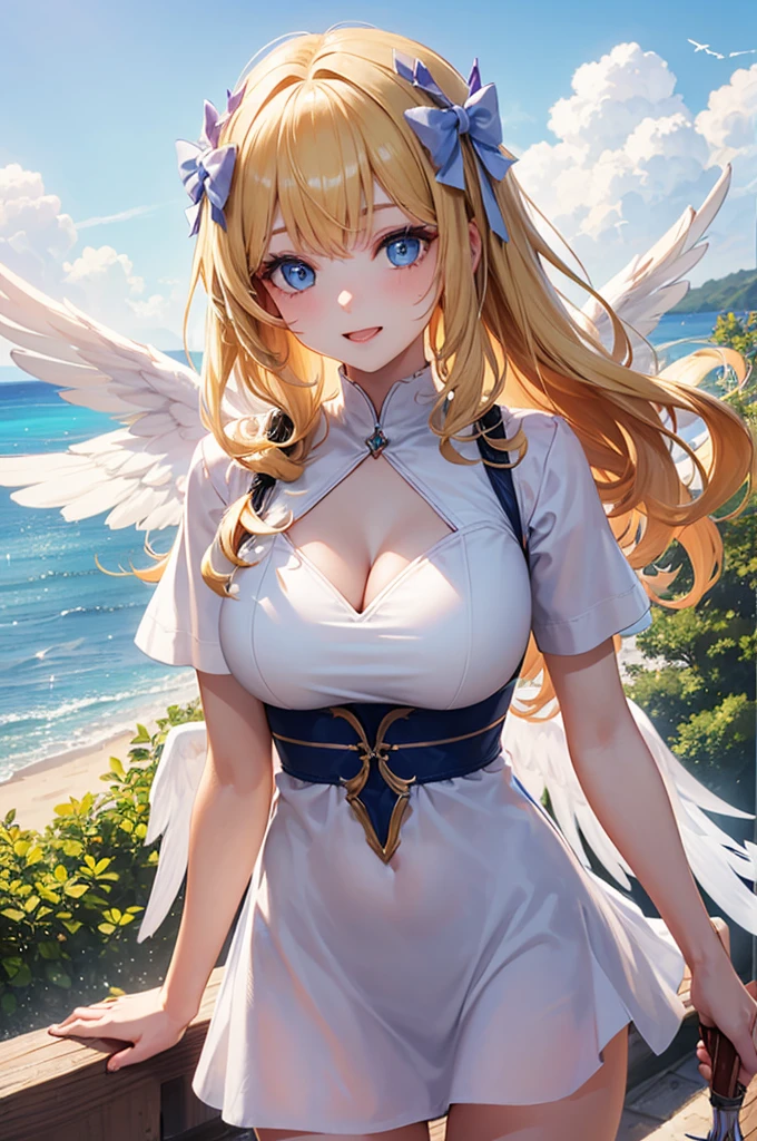 Japan Anime Styles 2019,Masterpieces,Best Quality,Ultimate detailed illustration,Red tone illustration, BREAK, 1 beautiful girl, 1 beautiful girl, girl with, (Cute:1.5),(Chibi:0.5),(kawaii:2.0),(Lori:2.0),(12 year old girl),(large full breasts:1.65),(Ahoge,High Ponytail,Blonde hair, blue bow, Green eyes,eyebrows visible through hair,side locks,Parted bangs,Long hair, Hair Flower, Hair Ornament, Curly hair,Bow:1.4),:D,(Angel,White feathers, one white winged, Angel wings,Spread wings, Glowing wings),pitt \(??? Icarus\),gleaming skin, Clear skin, shining beautiful skin, Open mouth,Smile, Solo, tusk, Upper teeth,(long eyelashes, Double eyelids:1.2),Solo,gleaming skin, Clear skin, Beautiful skin,(best quality face),(Top quality glowing eyes),(The best smile,:D:1.45),
BREAK (White and light blue theme:1.5), ((elegant style, Gorgeous):1.2), ((Light blue princess dress with white fluffy fur, light blue hoop skirt):1.4), (Snowflake symbol print on dress:1.4), ((Strapless, Bare shoulders):1.3), (very precise embroidery:1.3), (fluffy fur:1.3), (necklace made of countless gemstones:1.2), (high-heels:1.1),
BREAK
(Red flower ornament:1.2),
BREAK, 鎖骨,Hair intake, Hand up, Navel, Parted lips, Solo, Stomach,architecture, Blue sky, (autumn forest:1.2), wooden building, Koyasanji Temple, balconies, Blue sky, crystal clear skies, Blurry background, longshot, Standing, Sunset, thighs thighs thighs thighs, \(Fate\), Twilight,Happy,Laugh,blush,Opened mouth,Beautiful sunset,Twilight,Backlighting,Waterfall,depth of fields,