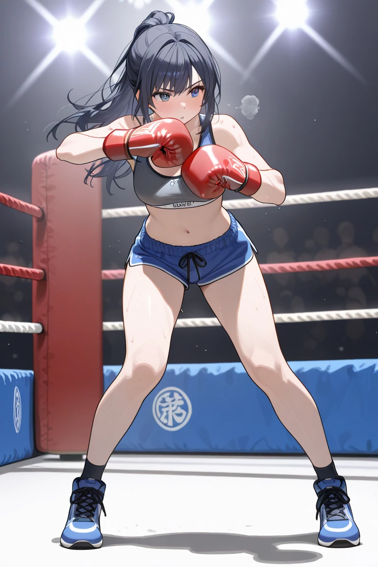 Detailed image, detailed face, anime style, raccoon girl, raccoon ears, raccoon tail, cute face, average height, toned body, Hairstyle, in a cute boxing suit with a dark skirt, in boxing gloves, standing in a boxing ring in a tavern, fantasy, Middle Ages