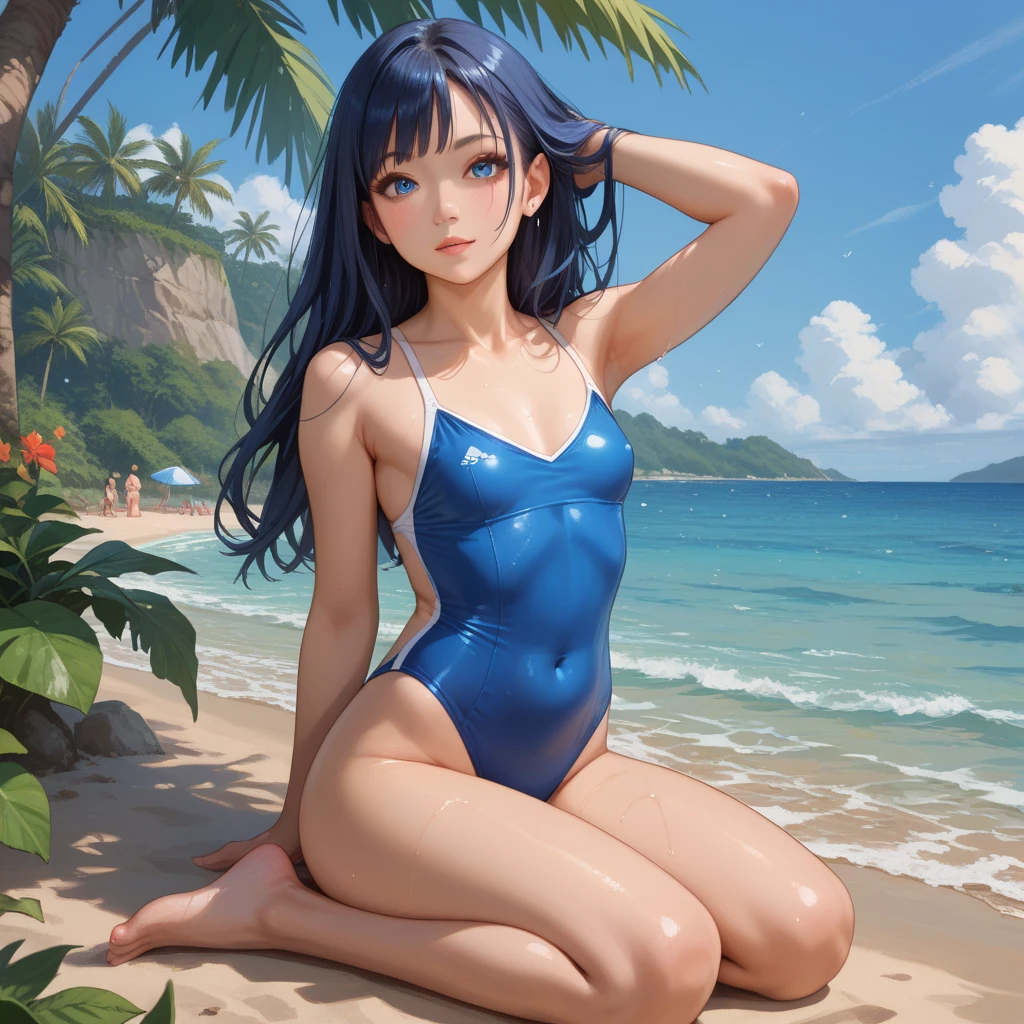 score_9_up, score_8_up, score_7_up, 1girl, solo, mature female, Eida, looking at viewer, blue with pink long hair, blue eyes, pink lips, parted lips, blue with pink stars seductive micro bikini, fit slim body, perfect medium erected breast,((yacht deck with pool)), perfect model body, standing and showing her perfect pussy, pulling straps, cameltoe, seductive pose, from bottom, closeup look