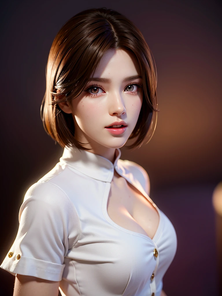 a J-pop idol wearing a turtleneck sweater, (((masterpiece))), ((highest quality)), ((Complex)), ((surreal)), Bakares, (mature woman), ((Unparalleled)), very detailed, 1 girl, ((big breasts)), beautiful and detailed eyes, brunette short hair, brown eyes, (turtleneck:1.2), (Tight Skirt), ((thighs)), (background: underground), 詳細なbackground, choker, perfect eyes, enchanting eyes, looking at the viewer, from before