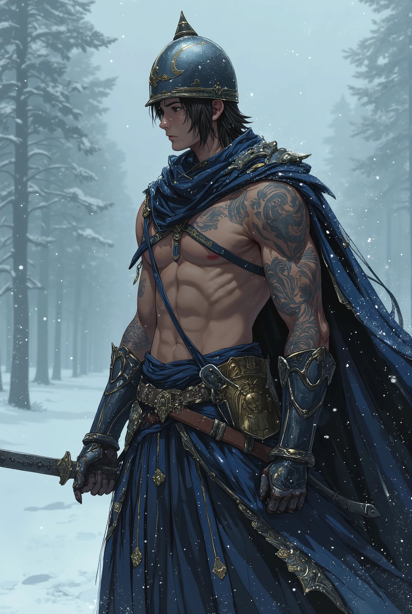 Sexy thin muscular knight with big crotch bulge in the cold snow storm, muscular knight in the cold snow. . Sexy knight male. Knght with a big dark sword. Hairless handsome man fighting in the snow. Knight with shiny tattoos in his arms and a roman's helmet. Sexy slim golden underwear. Knight with golden armor. wear jet black wizard outfit