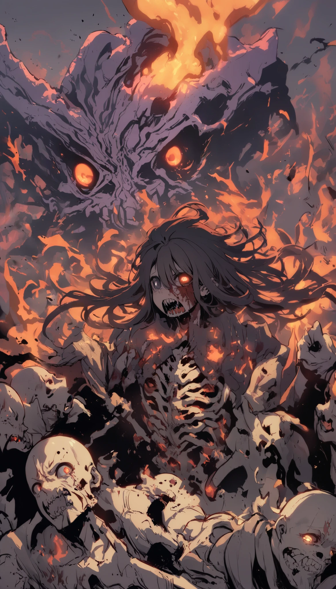 Eldritch abomination, hollow cheek, Malformed teeth, ribcage, blood, gore, male, long hair, black hair, barely human, disformed body, multiples arms and finger, multiples eyes, hollow eyes, Sick body, orange black flame, upperbody, broken bones striking out, Skin torn off, piles of s , upperbody, hollow
