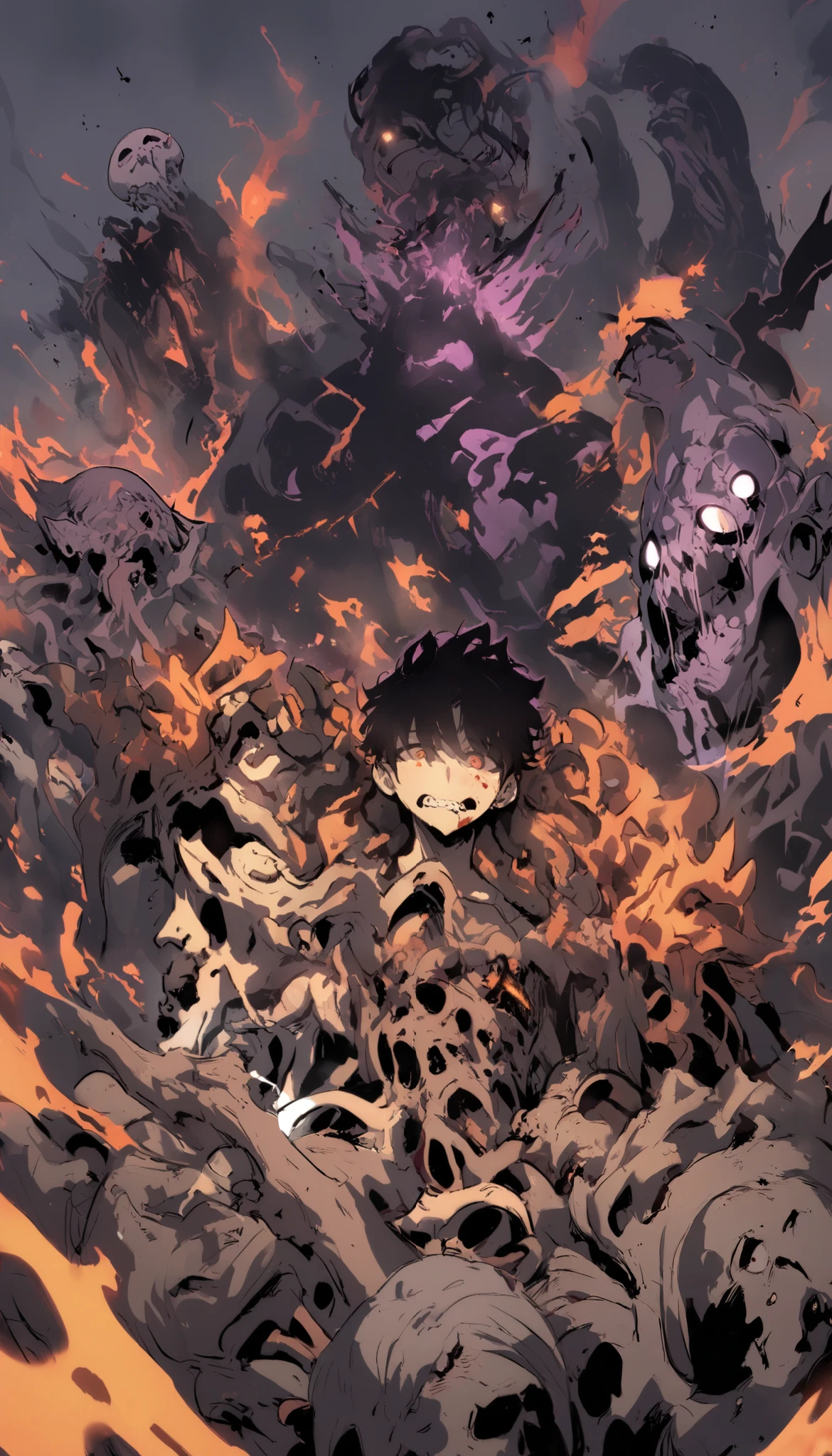 Eldritch abomination, hollow cheek, Malformed teeth, ribcage, blood, gore, male, long hair, black hair, barely human, disformed body, multiples arms and finger, multiples eyes, hollow eyes, Sick body, orange black flame, upperbody, broken bones striking out, Skin torn off, piles of s , upperbody, hollow