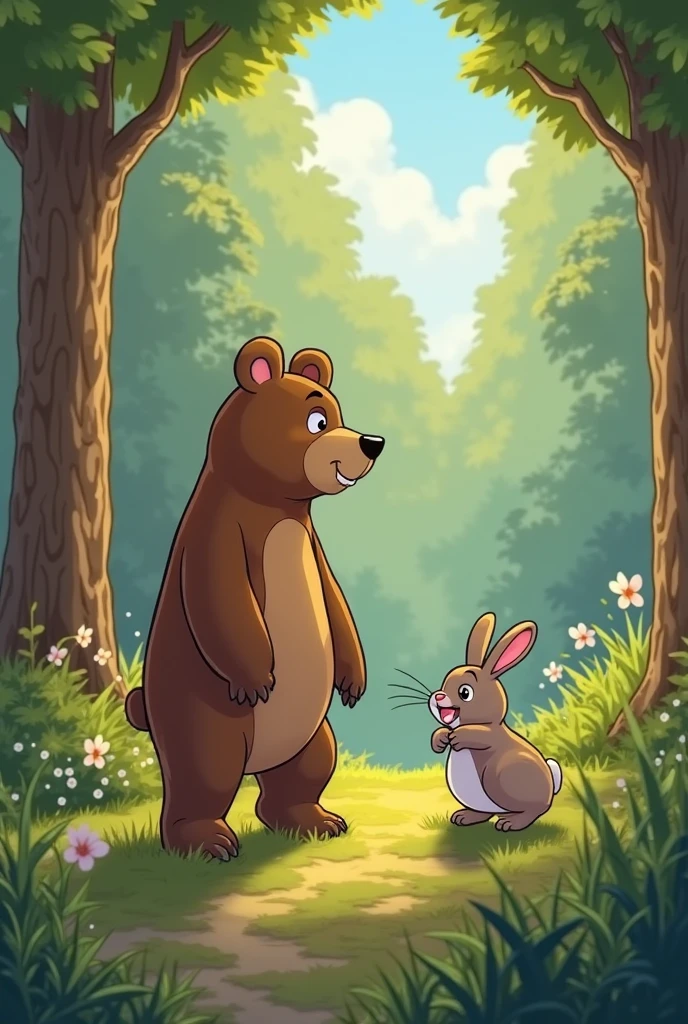 "They often saw each other, but they didn’t know much about one another."
Image: Bear and Squirrel glimpsing each other from a distance while they go about their activities, looking curious but distant.