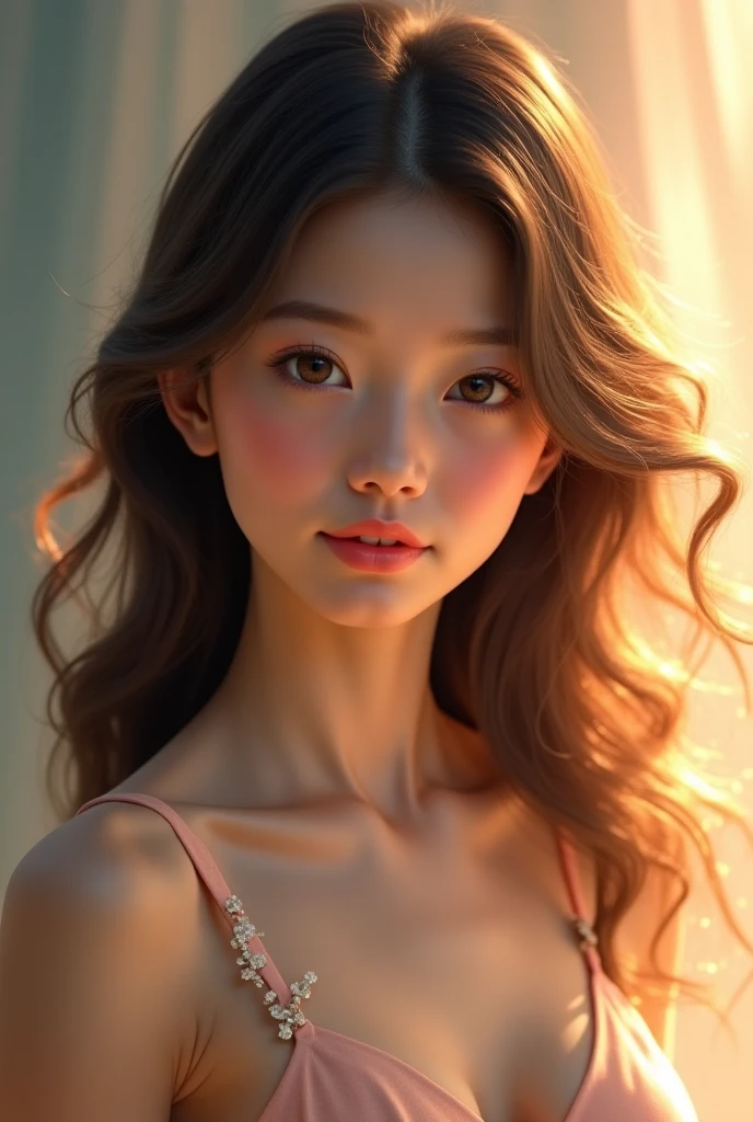 (masterpiece:1.3), High resolution, Super detailed, Highly detailed CG Unity 8k wallpaper, Realistic, photo-Realistic, RAW Photos, Beautifully detailed face, Pale skin, Realistic glistening skin, Detailed cloth texture, Detailed hair texture, Perfect body, Beautiful Face, Accurate, Anatomically correct, Highly detailed face and skin texture, Natural neck length, (Beautiful Hands), (Fair skin:1.2), Thin legs, Thin legs, Wet body:1.1, Wet Hair,
break,
Detailed eyes, Symmetrical eyes, Light brown eyes, double eyelid, Thin eyebrows, (Glossy Lips:1.4), (smile:1.3), (blush:1.1),
break,
(Very cute girl:1.3), (Wearing an off-the-shoulder knit dress:1.2), Small breasts:0.8, (Nipples visible through the transparent fabric:0.75), (Hard chest, Shapely breasts, Slim figure:1.1), Toned Abs, (Dark brown hair, Wavy Hair, Medium Long Hair:1.2), ((Swept-apart bangs:1.2)),
break,
((Standing seductively in front of a window:1.3)), (Inside Google's stylish offices), (Cowboy Shot:1.2), View your viewers, Distance from bottom, (A shining sunset view),