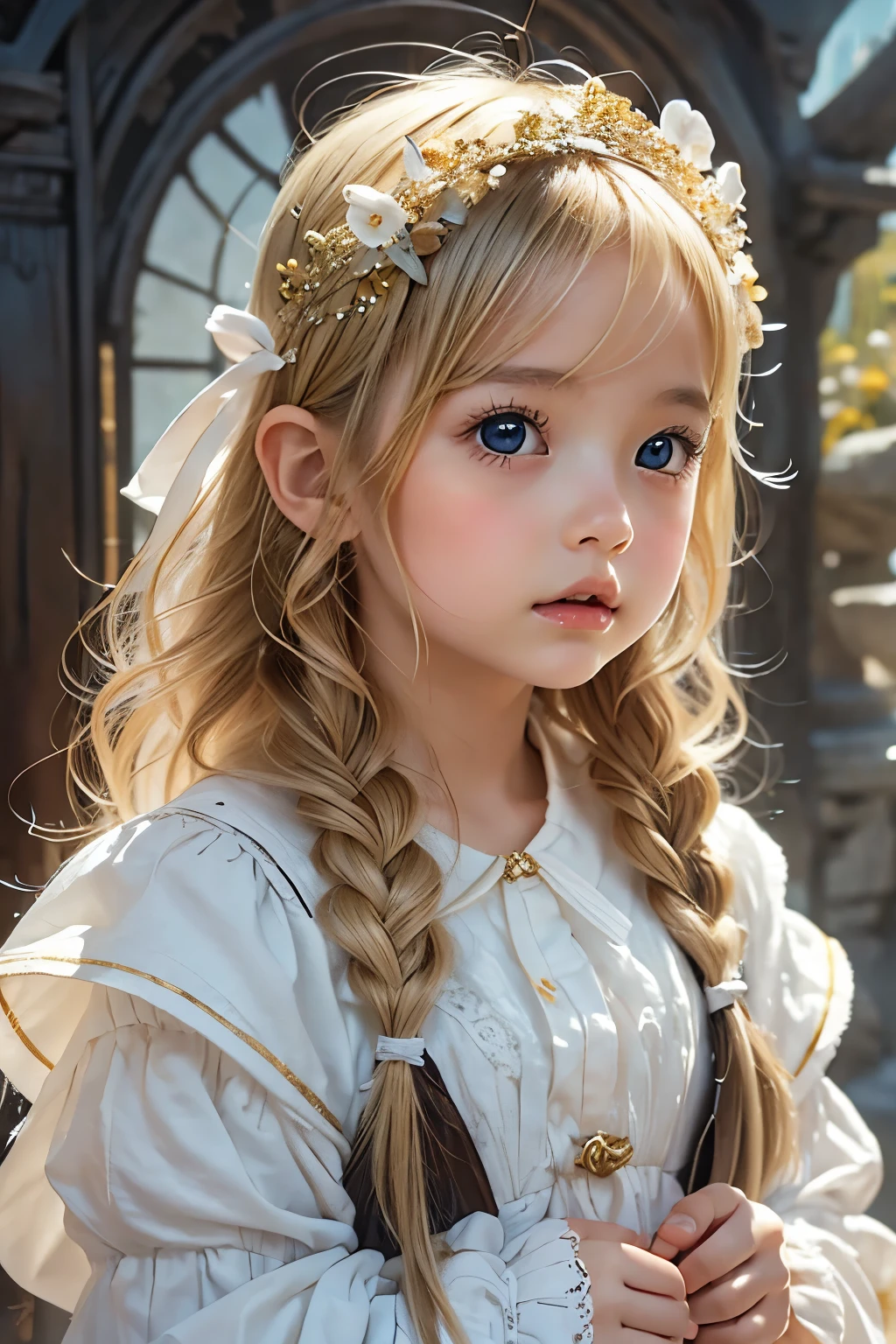 absurdres , highres, ultra detailed, ( 1girl:1.3) (leaning oversized animal 1dog:1.2), BREAK, a minigirl, blonde hair, clear blue eyes, french braid, parted bangs, forehead, rococo dress, silk gloves, bonnet, BREAK, a black dog, yellow eyes, Decorated, BREAK, lawn, BREAK,creepy momo girl, (white kimono), spooky woods, lost in dark wood, (at night:1.2), monsters, glowing eyelawless skin:1.2)