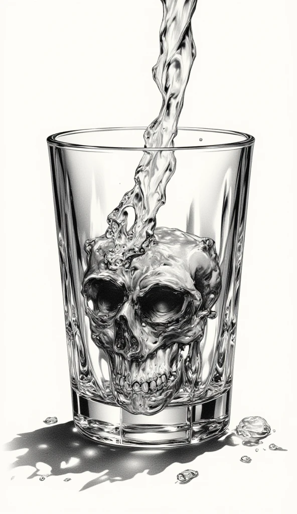 Pencil hyperdetailed realism, with intricate cross-hatching and shading techniques that convey texture and depth. High-contrast style,The artist's skillful use of light and shadow creates a three-dimensional effect .
A beautiful crystal whisky glass, with a smiling skull head inside at the bottom, and whisky being poured. The whisky liquid is in movement like splashed.