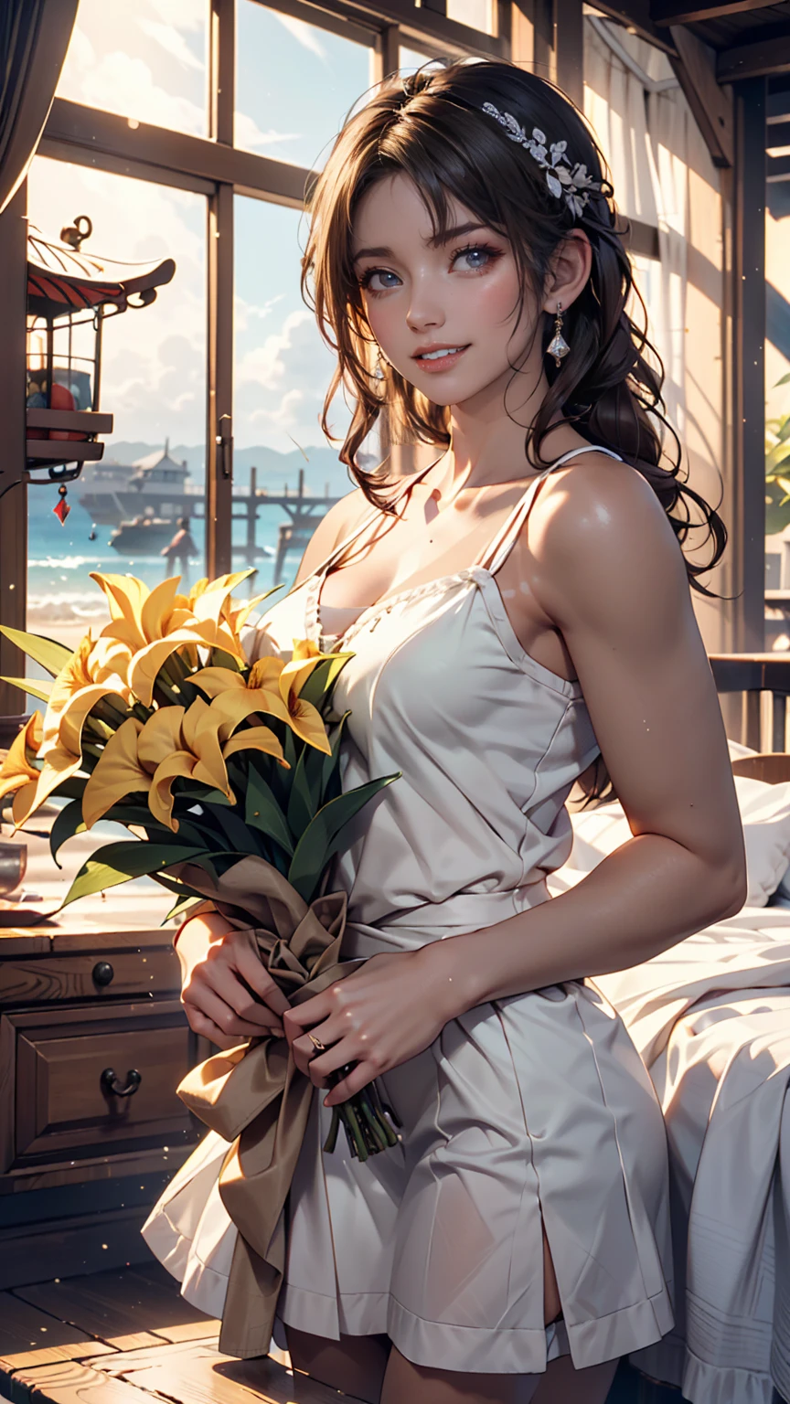 Create a detailed image of a stunning scenery, where a girl is dancing in the background. The scenery is a lush garden, filled with colorful flowers, lush trees, and blooming bushes. The sun gently shines in the blue sky, casting a golden light over the landscape, creating an atmosphere of serenity and beauty. The girl, dressed in a light and flowing outfit, dances gracefully among the flowers, her movements flowing in harmony with the gentle breeze. Her hair floats in the wind as she expresses joy and freedom in her dance. In the distance, majestic mountains rise against the horizon, adding a touch of grandeur to the scene. This is an image of serenity and charm, where nature and dance merge in perfect harmony. What is the story behind this dancer in the dream garden? What emotions and feelings does she evoke in this idyllic setting