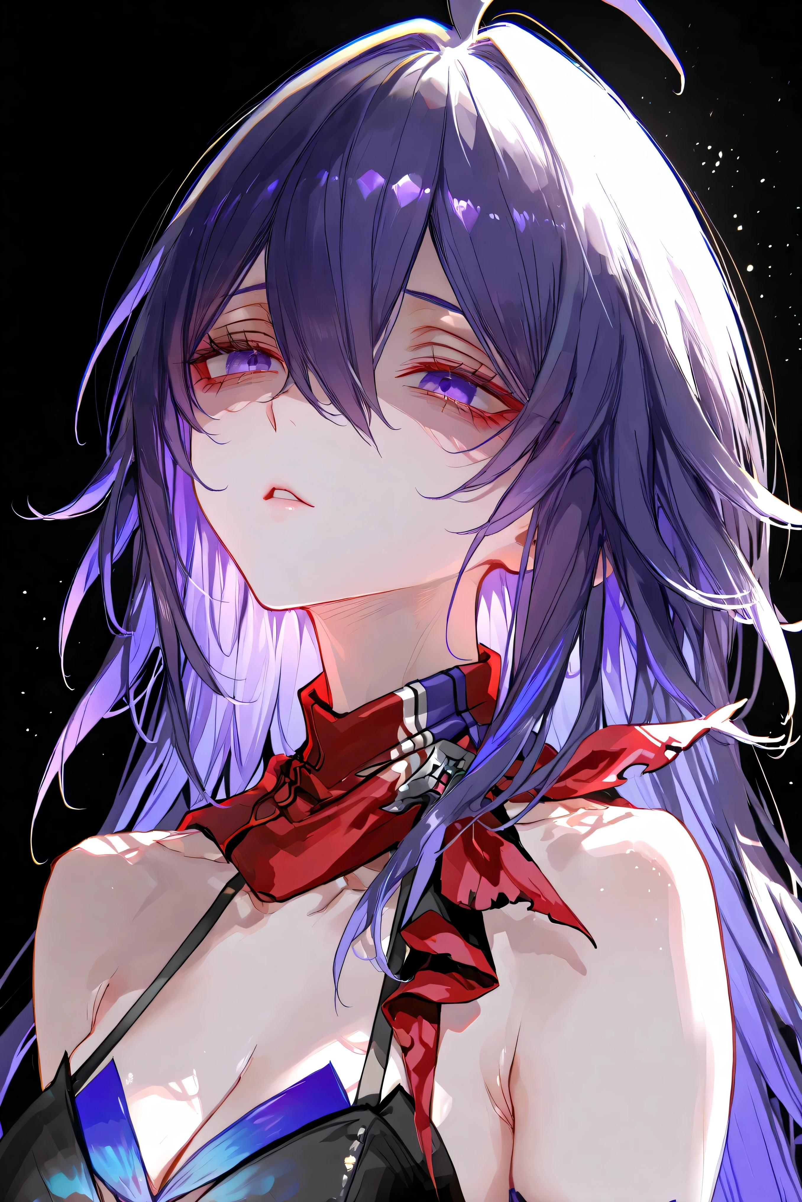 score_9, score_8_up, score_7_up, masterpiece, best quality, very aesthetic, absurdres, tunning image, light particles, attractive image, 1girl, adult grown woman, seele \(honkai: star rail\), purple eyes, purple hair, multicolored hair, long hair, hair between eyes, ahoge, masterpiece,best quality,amazing quality, pottsness style, 748cmstyle, simple background, black background, shaded eyes, looking at view