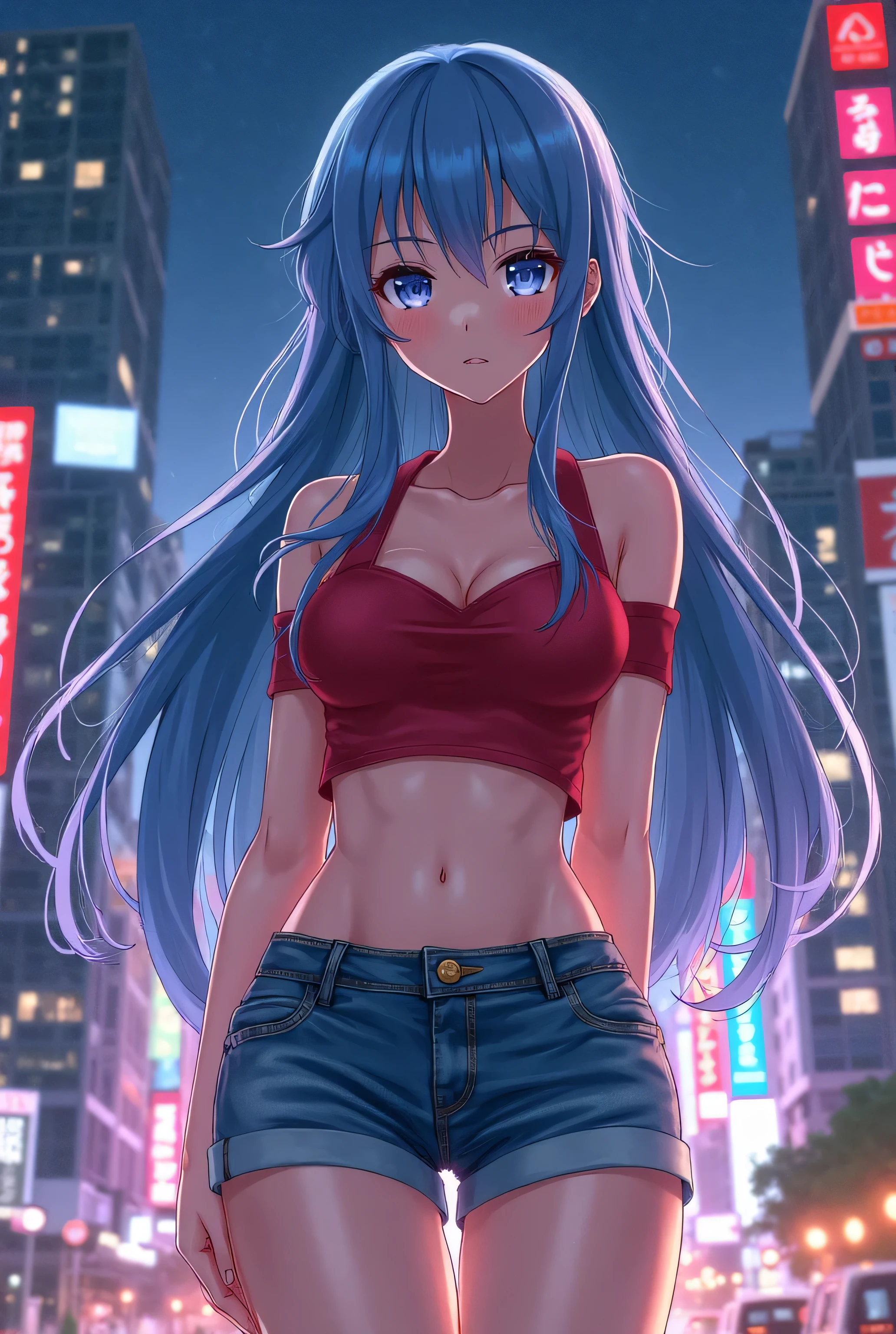 (best quality,highres:1.2),ultra-detailed,realistic,photorealistic:1.37,a beautiful girl (Wendy Marvell from Fairy Tail) model in a pop style,16 years old,long legs,small breasts,extremely detailed face (with emphasis on azure eyes),Her blue-colored hair(twintails) falls to her shoulders.She is dressed in short black denim shorts and a short white top (very shabby and torn in places),bent down, lifting her ass to the top,more sexy pose,illustration,colorful pop art style,dynamic lighting,neon colors,Nsfw