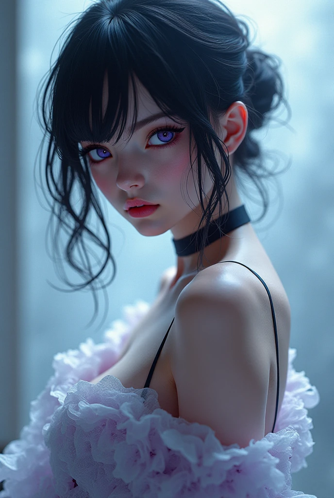 Kaori, Single model, solo, half Asian, half Latino, very long black hair in buns, freckles, blushing, wet eyes, long chain pendant, very large heavy breasts, chubby, belly, stretchmarks, purple crushed velvet dress, (best quality,4k,8k,highres,masterpiece:1.2),ultra-detailed,(realistic,photorealistic,photo-realistic:1.37),detailed portrait, cinematic lighting, natural skin texture, intricate details, dramatic colors, moody atmosphere, seductive pose