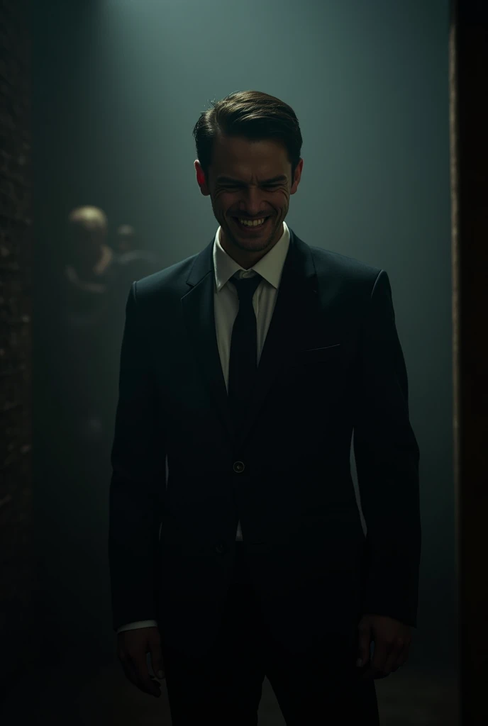 A groom laughing nervously, standing in a dimly lit room, unaware of the eerie presence around him.