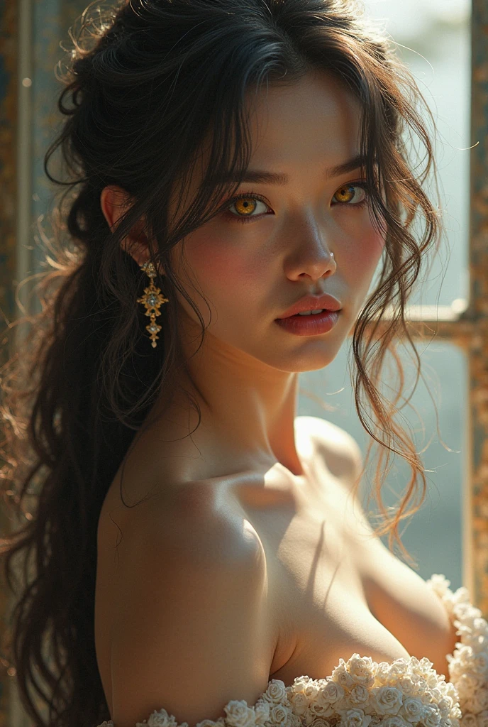 (Best Quality: 1.3, Masterpiece: 1.3), Ultra HD, (1girl, ,nude, solo), atmospheric perspective, detailed face, upper body, makeup, pink lips, cleft lip, shiny skin, (brown hair), super long hair, Looking at In front of the audience, red eyes, earrings, small breasts, slim body, (white silk), (((((East Asian architecture, riverside, beautiful background))), perfect lighting, (frontal lighting), physically based rendering, no clothing, nude