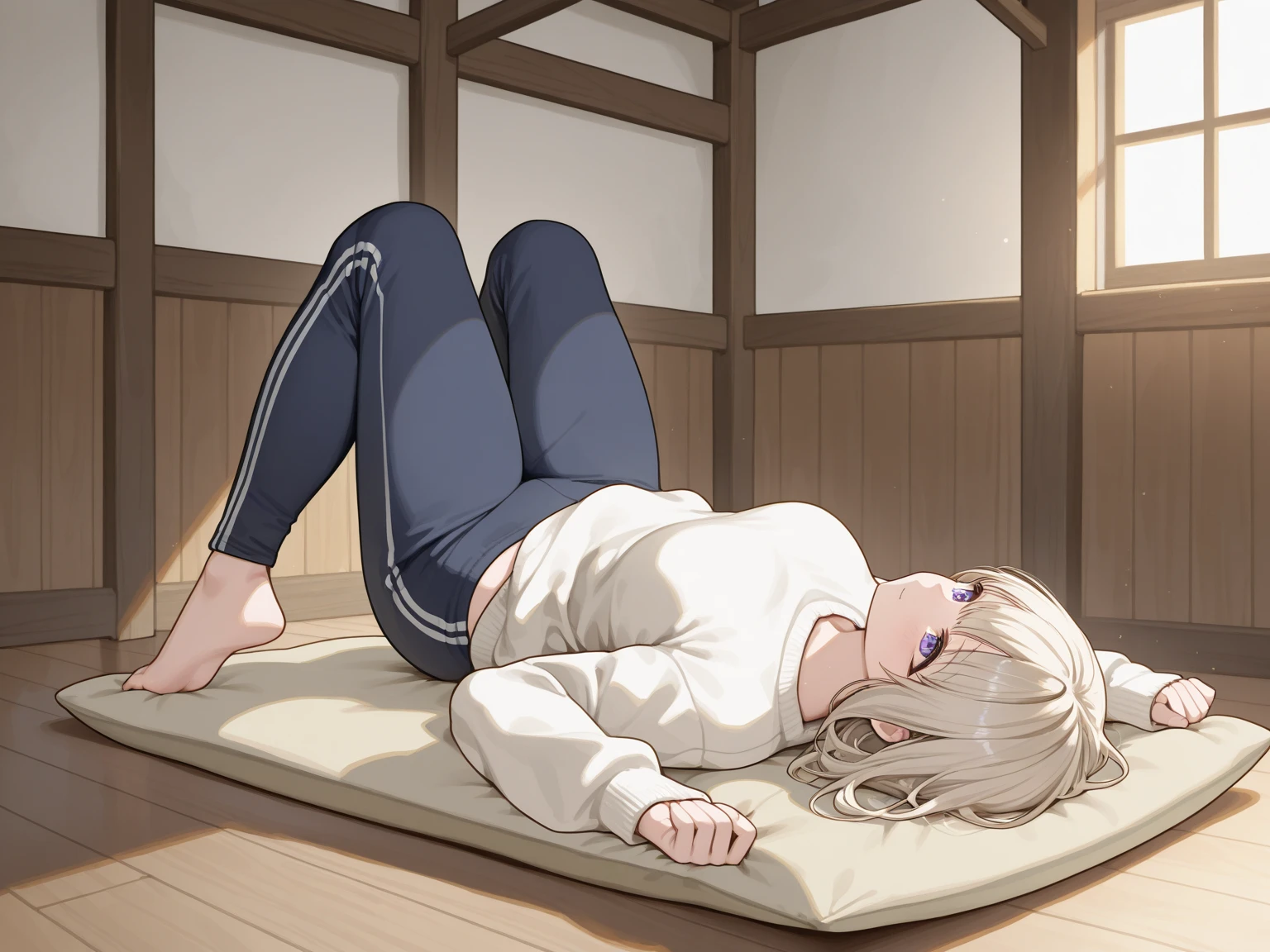 (masterpiece), (absurdres), (solo), (1girl), bpw, huge breasts, lying, on stomach, sleeping, indoors, <lora:BreastPillowv03-06:1>