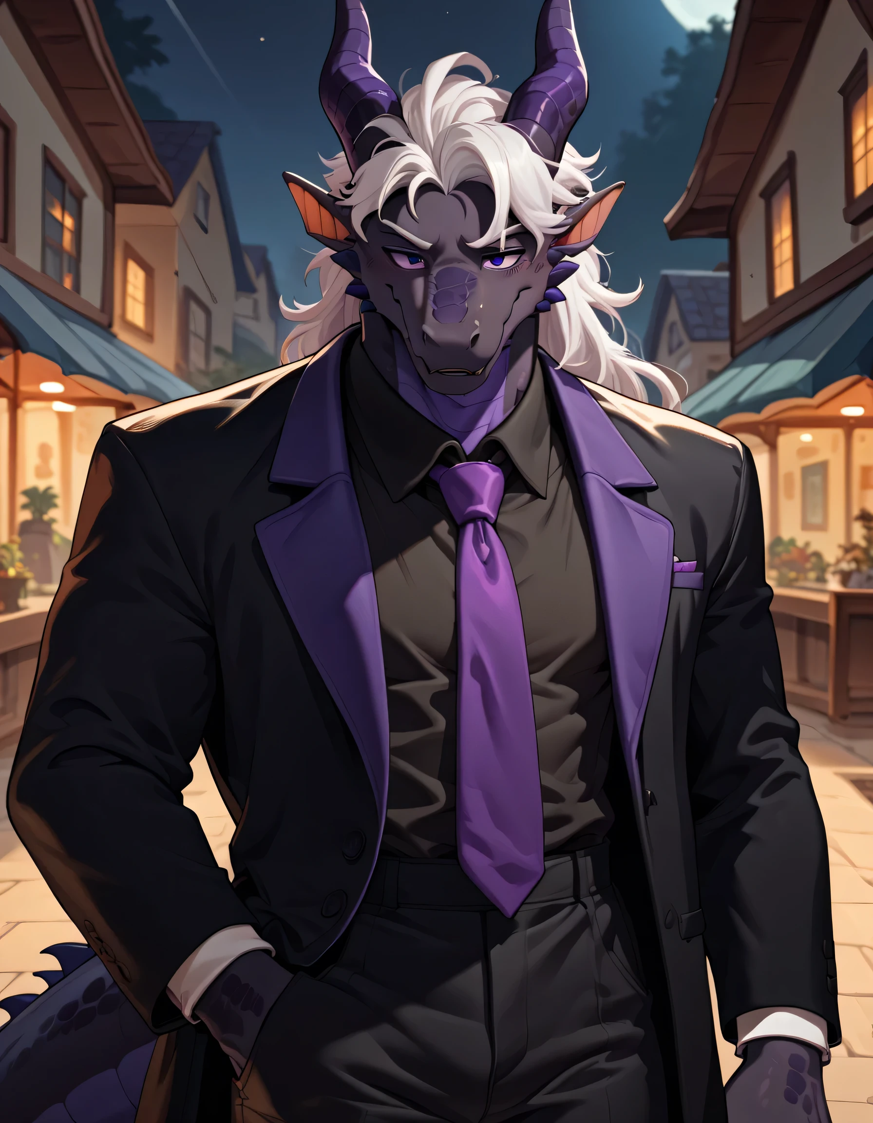 Solo, Anthro black dragon, black scalies, athletic body, long white hair, purple eyes, black tuxedo with black shirt and purple tie, blue eyes, mafia, night town, twink