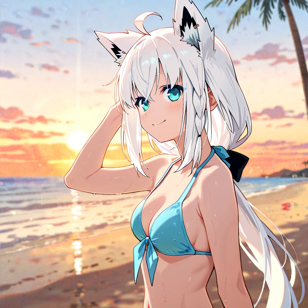 Cat ears, white hair, long hair, seaside, sandy beach, swimsuit, wet skin, small breasts, having tropical juice