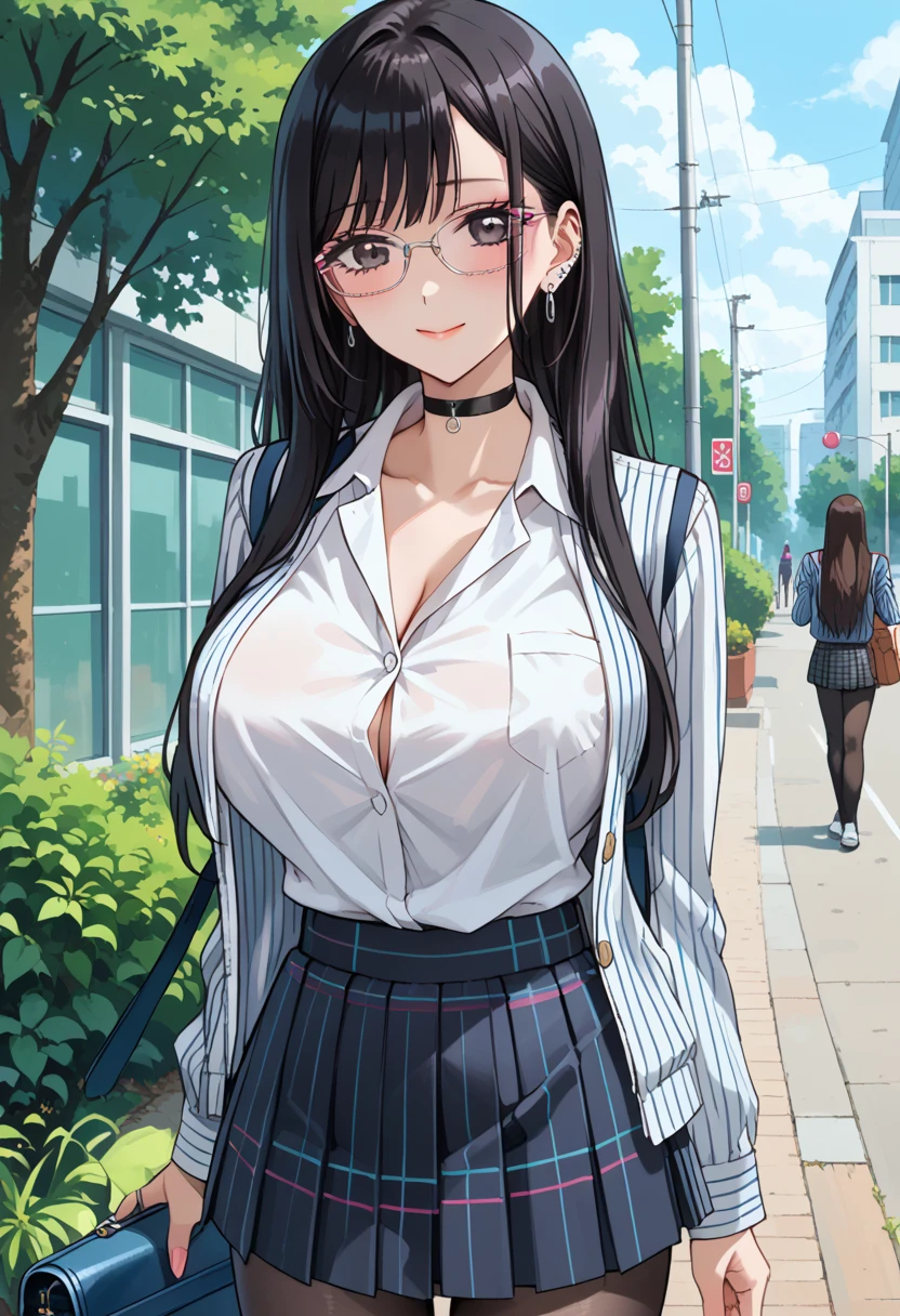 Masterpiece, Superb Piece, Full Body, 1Girl, Bangs, Black Choker, Black Tie, Black Hair, Blue Dress, Blush, Bracelet, Beautiful Breasts, Choker, Corsets, Collarbones, Collared Shirts, Denim Photos, Dress Shirts, Pierced Ears, Eyebrows Visible Through Hair, Gradient Hair, Grin, Gyaru, Jewelry, Kogal, Long Hair, Look at the Audience, Loose Tie, Tie, Piercing, Plaid Skirt, Plaid Skirt, Pleated Skirt, Red Eyes, Ring, School Uniform, Shirt, Skirt, Smile, Solo, white shirt, street, sky, cherry blossoms, flower petals, illustration, (magazine: 1.3), (cover style: 1.3), fashion, woman, vitality, dressing, posing, front, colorful, dynamic, background, element, confident, expressive, holding, statement, attachment, majestic, coiled, around, touch, scene, text, cover, bold, eye-catching, title, fashion, font, catchy, title, bigger, eye-catching, headline, bigger, eye-catching, modern, fashionable, focused, fashionable, big breasts