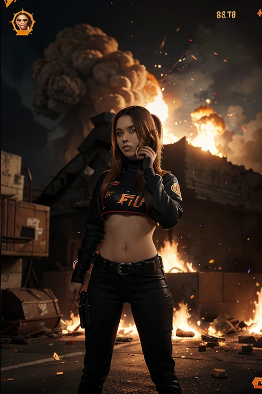 background has a BIG name reading “IVY”, red eyes, long hair, holding a big gun, 21 year old woman, red top and black skirt, highest image quality, fiery background apocalyptic, fiery eyes, big breasts, european woman, extreme bright quality