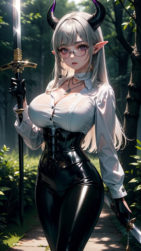 A masterpiece of beautiful art, Professional artist 8k, Highly detailed face, Tailored clothing, Detailed fabric 1 girl, eula Genshin Impact view from the front, The perfect ass, Standing big breasts, Perfectly drawn body, Pale skin, Serious expression, Beautiful Face, Sky blue hair eyes 4k, Highly detailed eyes, Pink cheeks, necklace : 1.6, White long-sleeved button-down shirt with a white collar Black gloves that cover up to the elbows He holds an ax in his right hand, Black leather corset), Shiny black leggings, black leather boots, Sensory lips, Details appear in the dark forest eyes at night, Foggy atmosphere, legs apart, Chest apartment,Multi-faceted perspective, Short skirt, See-through clothes, Sitting on an ax handle,