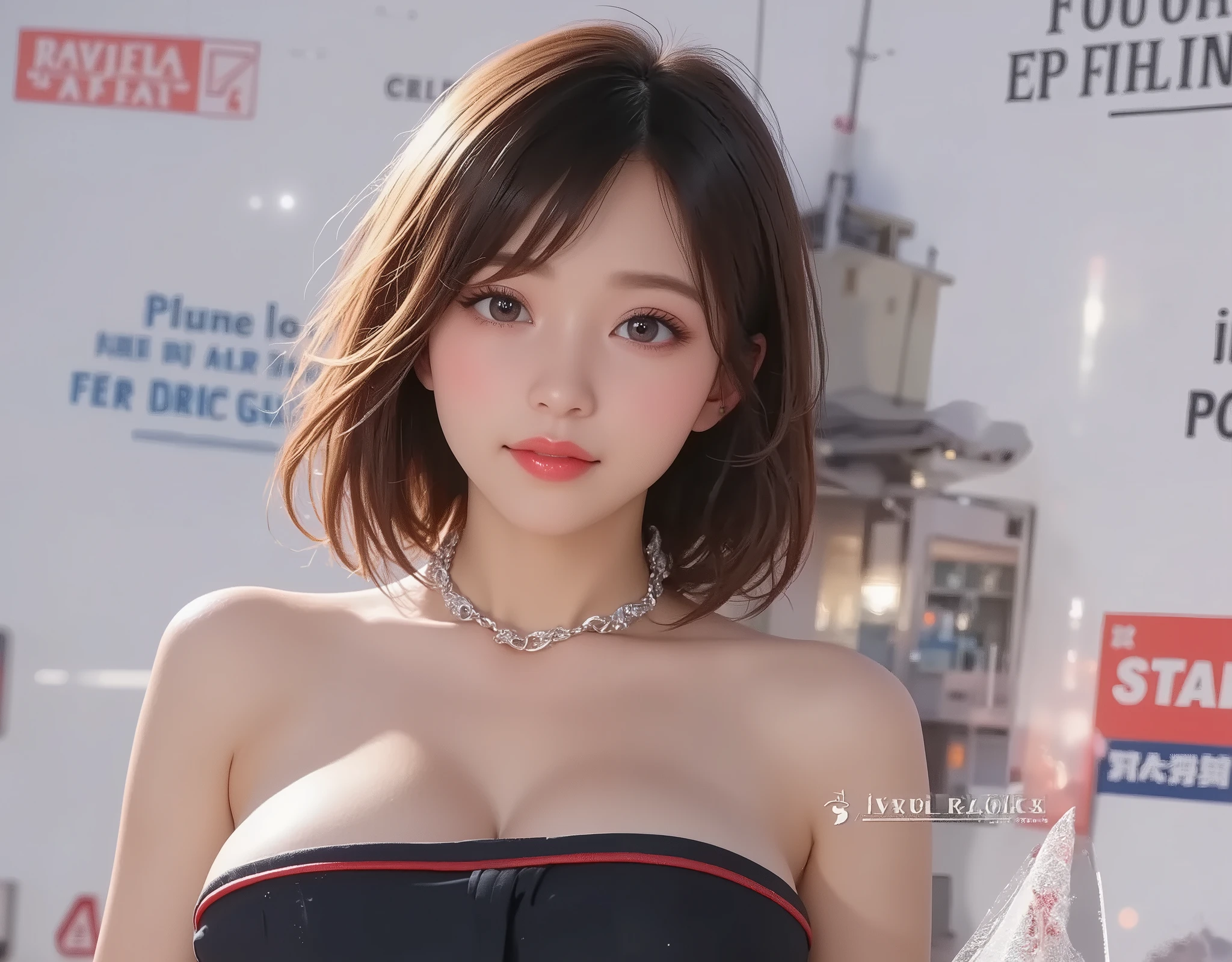 ((highest quality, 8k, Representative works in detail, Ultra-high resolution)), (Looking at the audience), (Cowboy Shot), Attractive woman, ((Big Breasts)), smile, ((Black choker)), Slim figure, (blue eyes), Long eyelashes, bangs, Beautiful shiny brown hair, Nogizaka Idol, Slim face、((Completely naked、Beautiful nipples、Very large areola、Soft Breasts)), Bright red lipstick、Sandy Beach、blue sky、Private beach、Millionaire's daughter、noble、Straight Hair