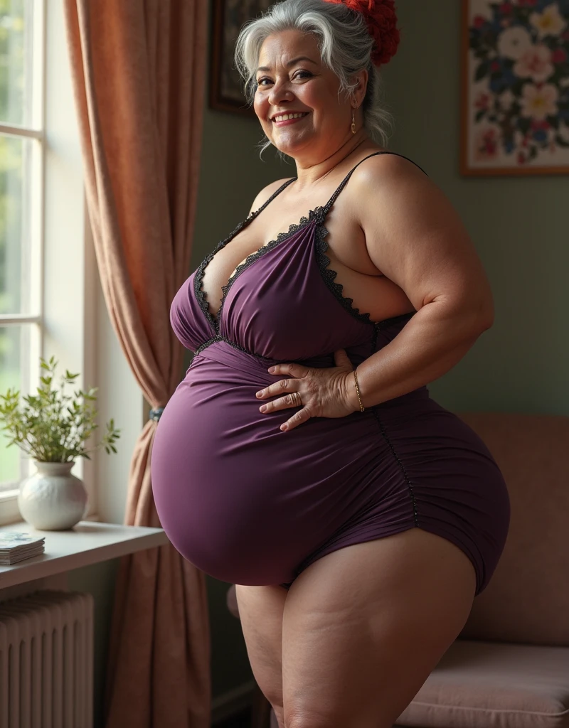 Mature old woman 80 years with hair, plus size, overweight, old face and body with many wrinkles, smiling, loose skin, standing at her bedroom posing for photo, She wearing red mini dress and black lace stockings. jaw dropping mature older beauty, old face and body with wrinkles, legs are visible, old face, bright makeup, red lips, attractive grandma, a gorgeous old hair, beautiful old grandma, lovely older mature grandma, gorgeous beautiful grandma over 80 years old, beautiful silver hair grandma, beautiful detailed body and face, a beautiful old granny