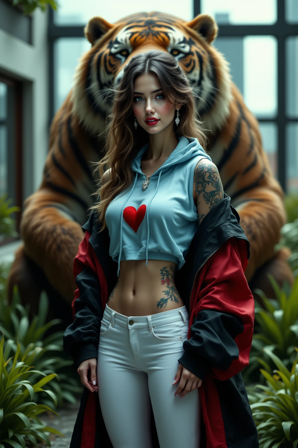((best quality: 1.5)) ((masterpiece: 0.8)), intricate details, sharp focus, professional, photorealistic, real life, realistic representation of the face, (((((solo)) female Euro, lipstick, ((gothic eye makeup))))), bright glow, dusky skin, erotic pose, gorgeous perfect face, in the style of realistic and hyper detailed renderings, zbrush, hyper realistic oil, contoured shading, dark room, dark background, black background, BREAK; BREAK ((((riding a white tiger)))), ((freckles: 0.9)), fujicolor, god rays, ((((body tattoo: 0.7)))) Break; Break (((vivid green eyes, curly ginger hair))) BREAK ((((loose baggy ripped pink t-shirt, denim shorts)))) BREAK; BREAK (((breast size: 0.3)))